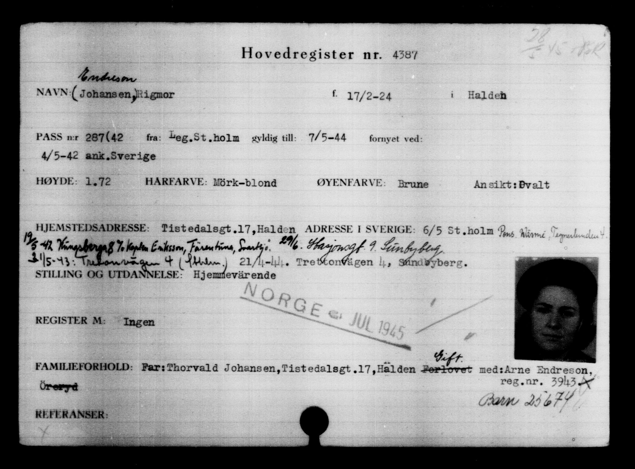 Utenriksstasjonene, Legasjonen i Stockholm, Flyktningkontoret, AV/RA-S-6753/V/Va/L0004: Kjesäterkartoteket, flyktninger med registreringsnr. 3496-6610, 1940-1945, p. 1079