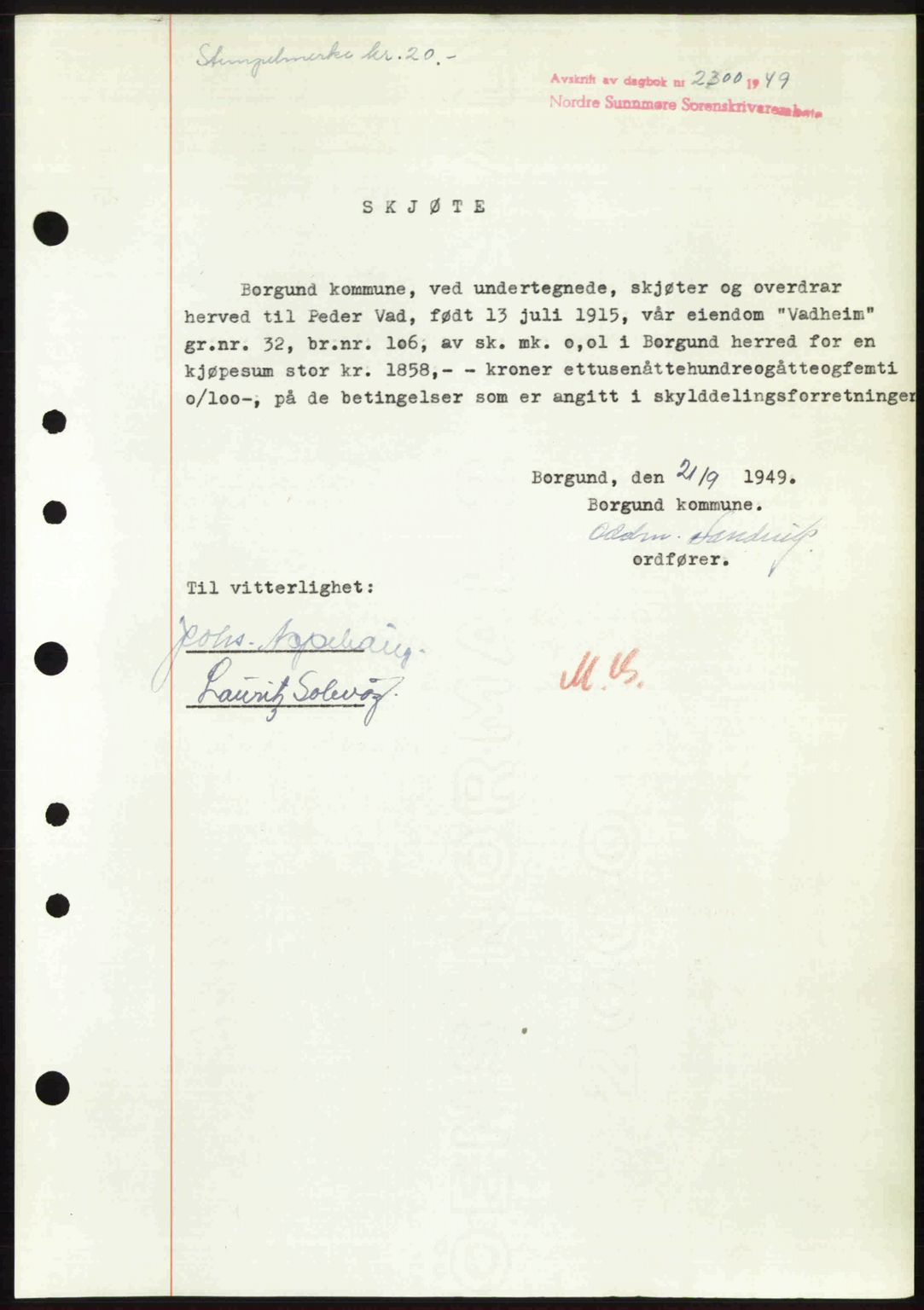 Nordre Sunnmøre sorenskriveri, AV/SAT-A-0006/1/2/2C/2Ca: Mortgage book no. A32, 1949-1949, Diary no: : 2300/1949