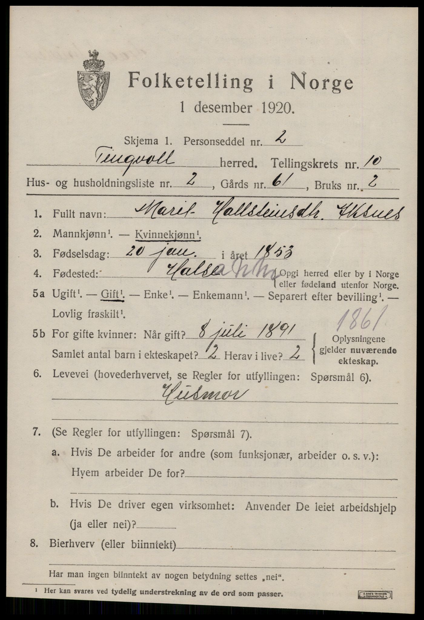 SAT, 1920 census for Tingvoll, 1920, p. 5246