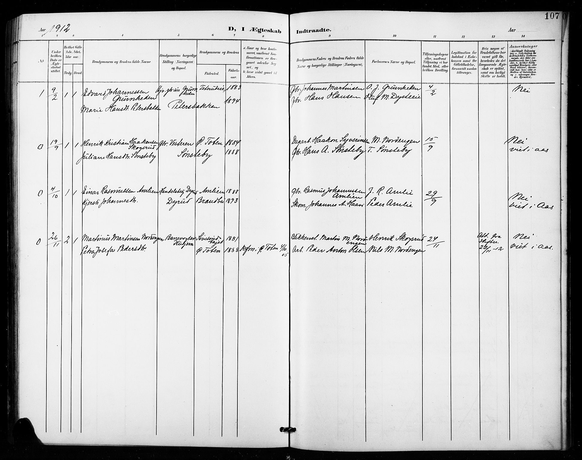 Vestre Toten prestekontor, SAH/PREST-108/H/Ha/Hab/L0016: Parish register (copy) no. 16, 1901-1915, p. 107
