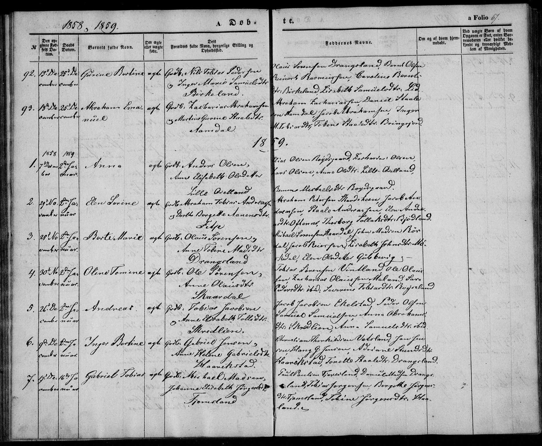 Lyngdal sokneprestkontor, SAK/1111-0029/F/Fa/Fac/L0009: Parish register (official) no. A 9, 1852-1864, p. 67