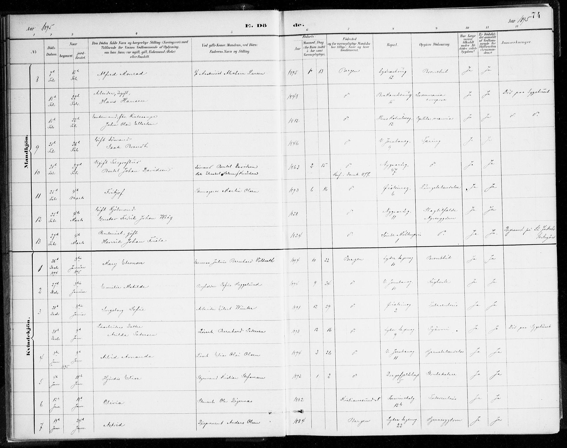 Johanneskirken sokneprestembete, SAB/A-76001/H/Haa/L0019: Parish register (official) no. E 1, 1885-1915, p. 74