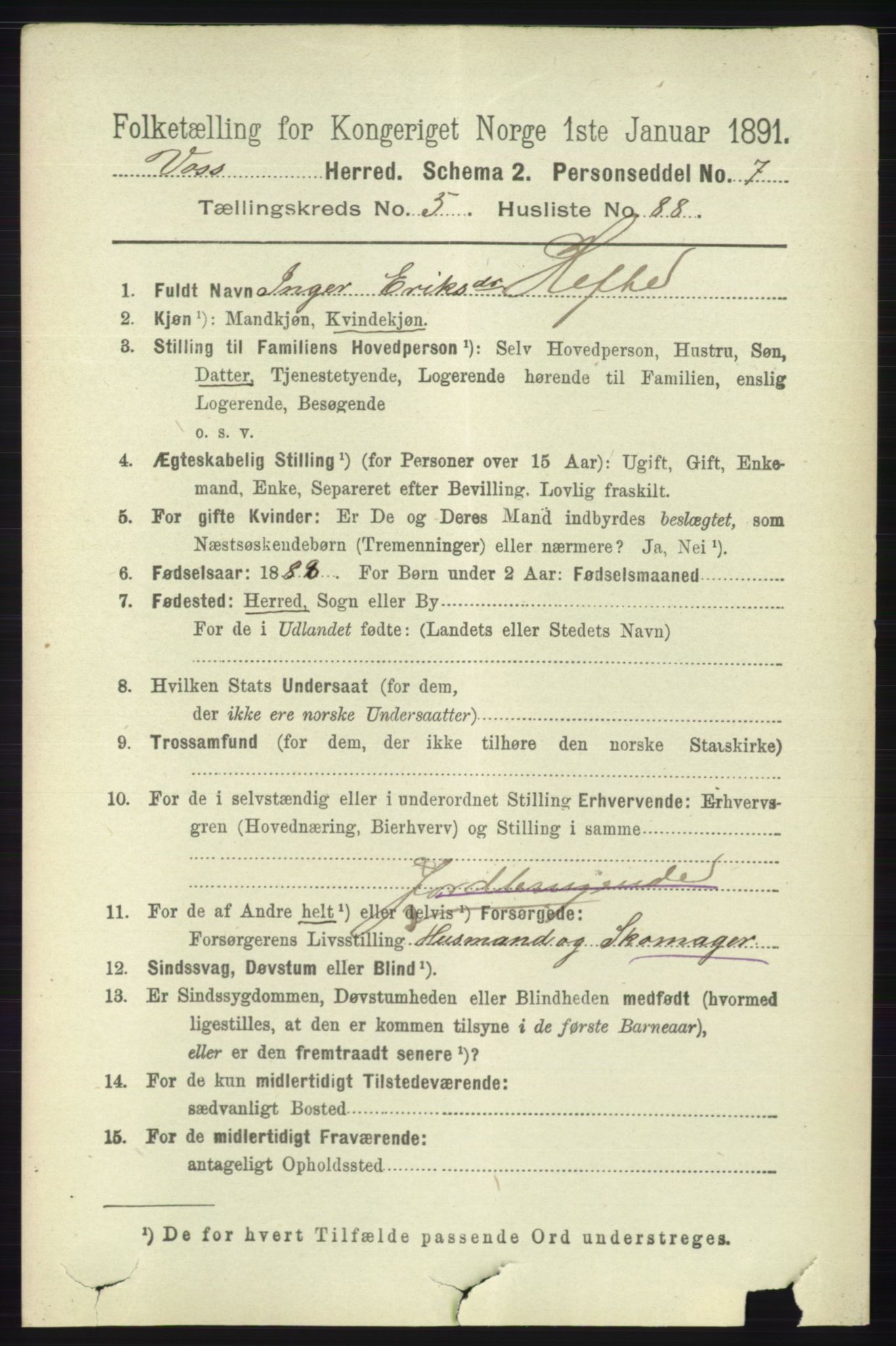 RA, 1891 census for 1235 Voss, 1891, p. 3213