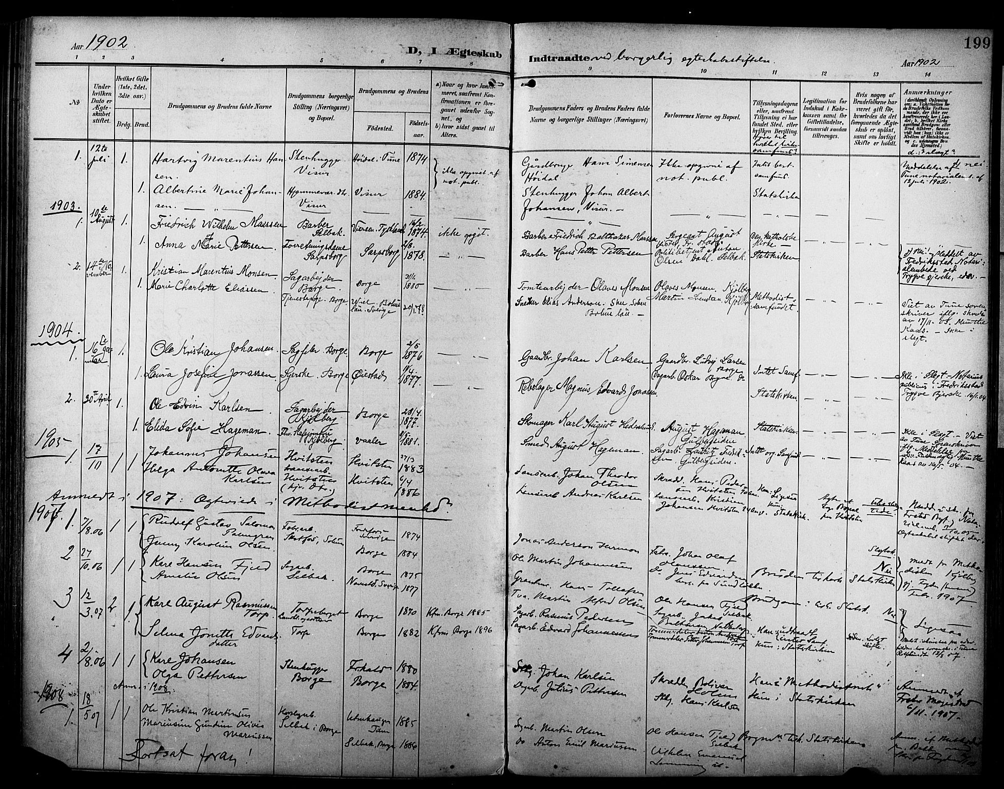 Borge prestekontor Kirkebøker, SAO/A-10903/F/Fa/L0009: Parish register (official) no. I 9, 1902-1911, p. 199