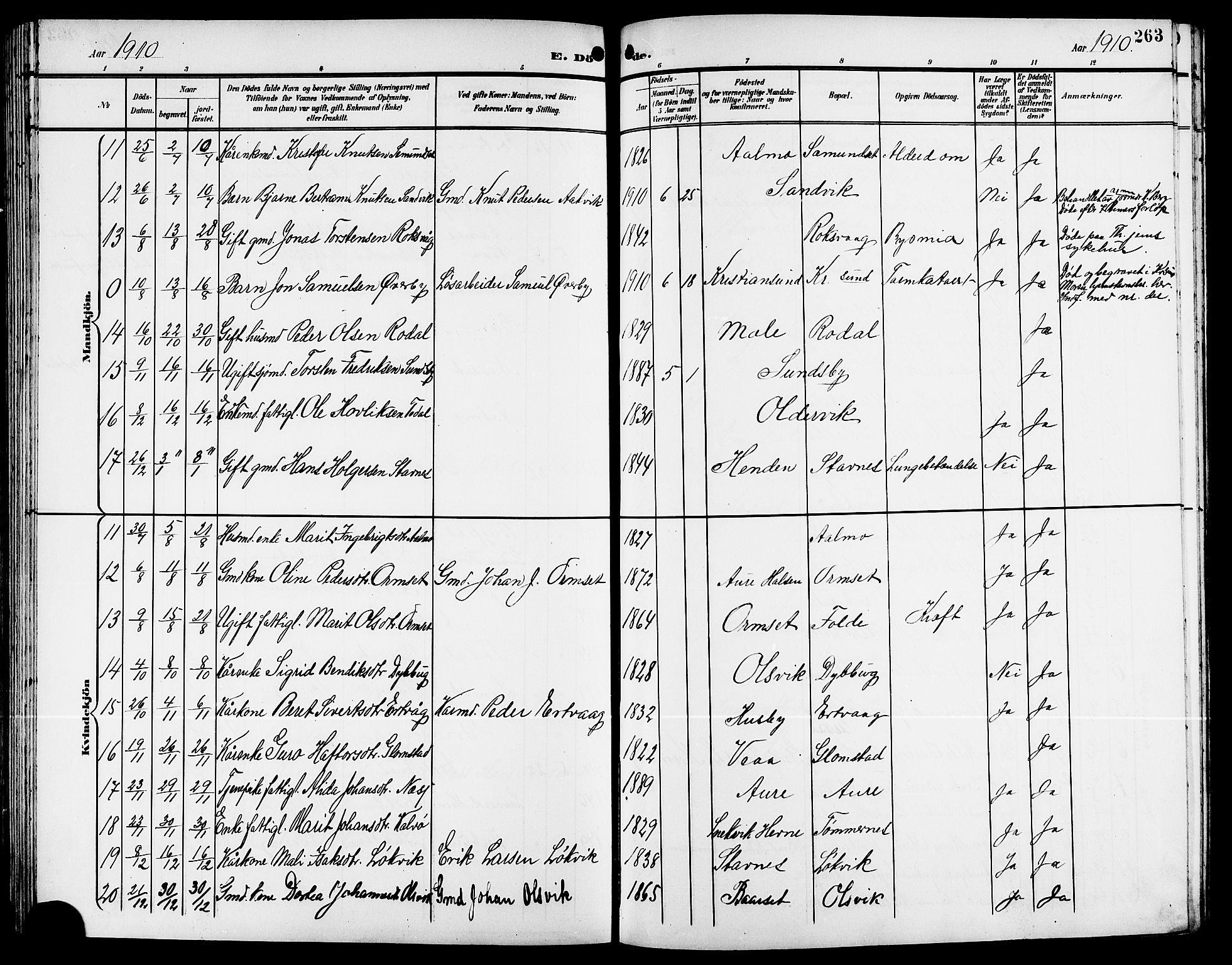 Ministerialprotokoller, klokkerbøker og fødselsregistre - Møre og Romsdal, AV/SAT-A-1454/578/L0910: Parish register (copy) no. 578C03, 1900-1921, p. 263