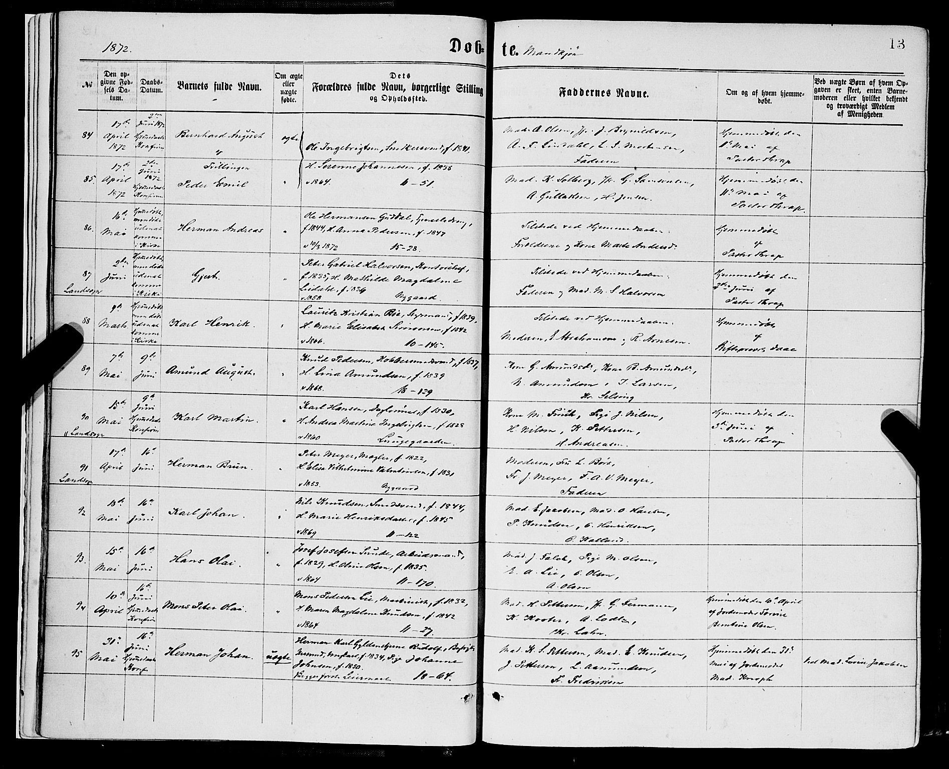 Domkirken sokneprestembete, SAB/A-74801/H/Haa/L0022: Parish register (official) no. B 5, 1872-1878, p. 13
