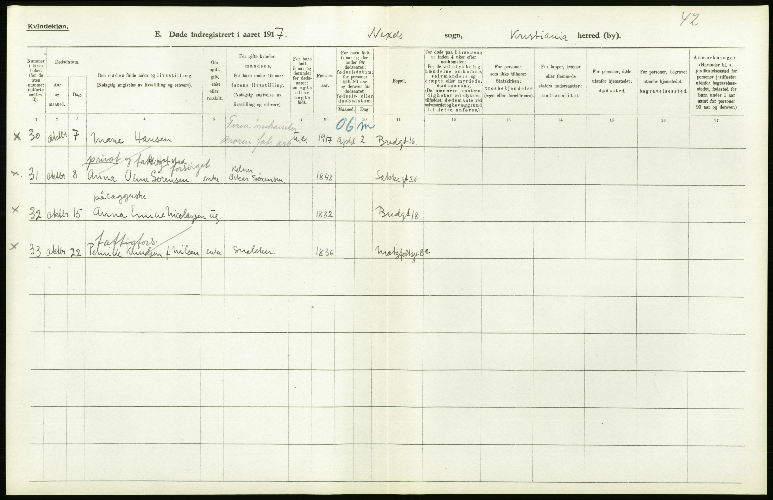 Statistisk sentralbyrå, Sosiodemografiske emner, Befolkning, AV/RA-S-2228/D/Df/Dfb/Dfbg/L0011: Kristiania: Døde, dødfødte., 1917, p. 378