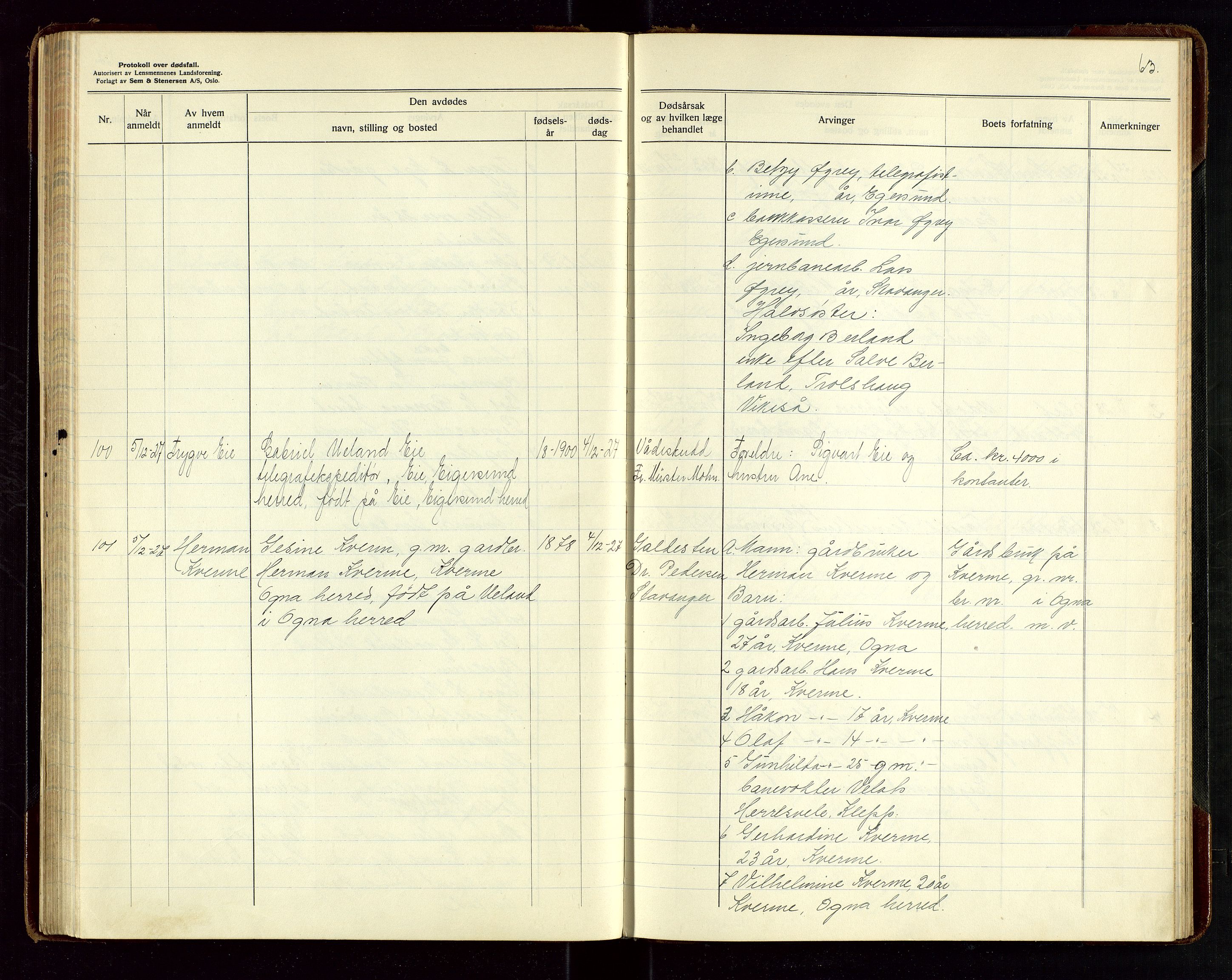Eigersund lensmannskontor, AV/SAST-A-100171/Gga/L0010: "Protokoll over anmeldte dødsfall" m/alfabetisk navneregister, 1926-1928, p. 63