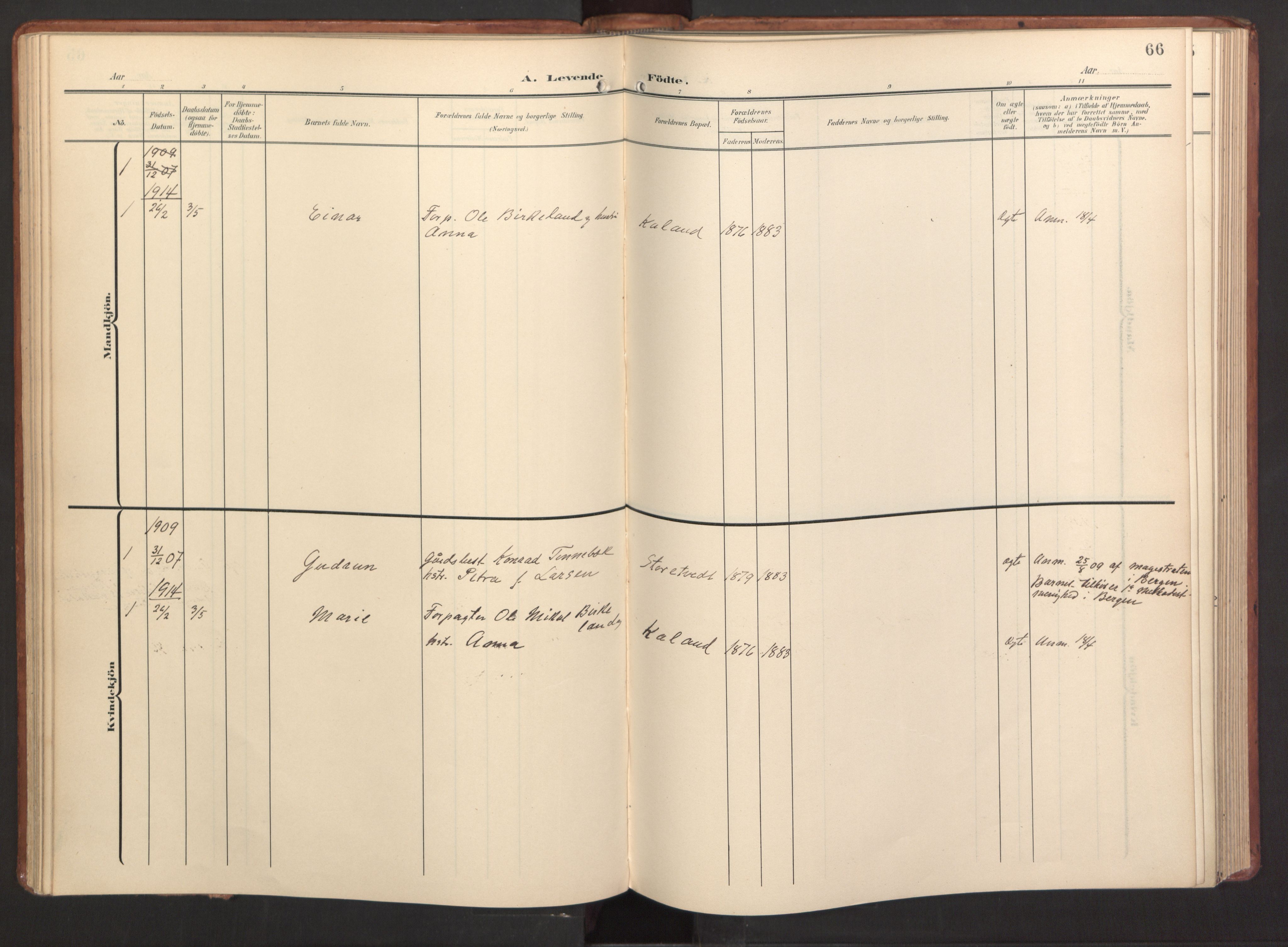 Fana Sokneprestembete, AV/SAB-A-75101/H/Haa/Haab/L0004: Parish register (official) no. B 4, 1908-1915, p. 66