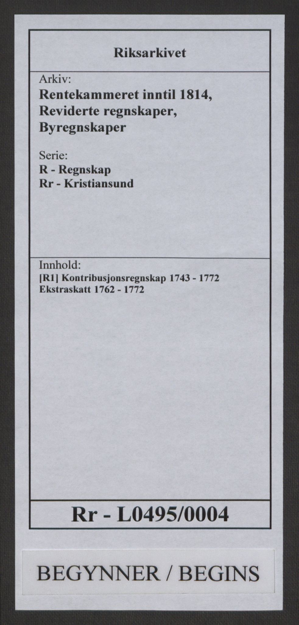 Rentekammeret inntil 1814, Reviderte regnskaper, Byregnskaper, RA/EA-4066/R/Rr/L0495/0004: [R1] Kontribusjonsregnskap / Ekstraskatt, 1762-1772, p. 1