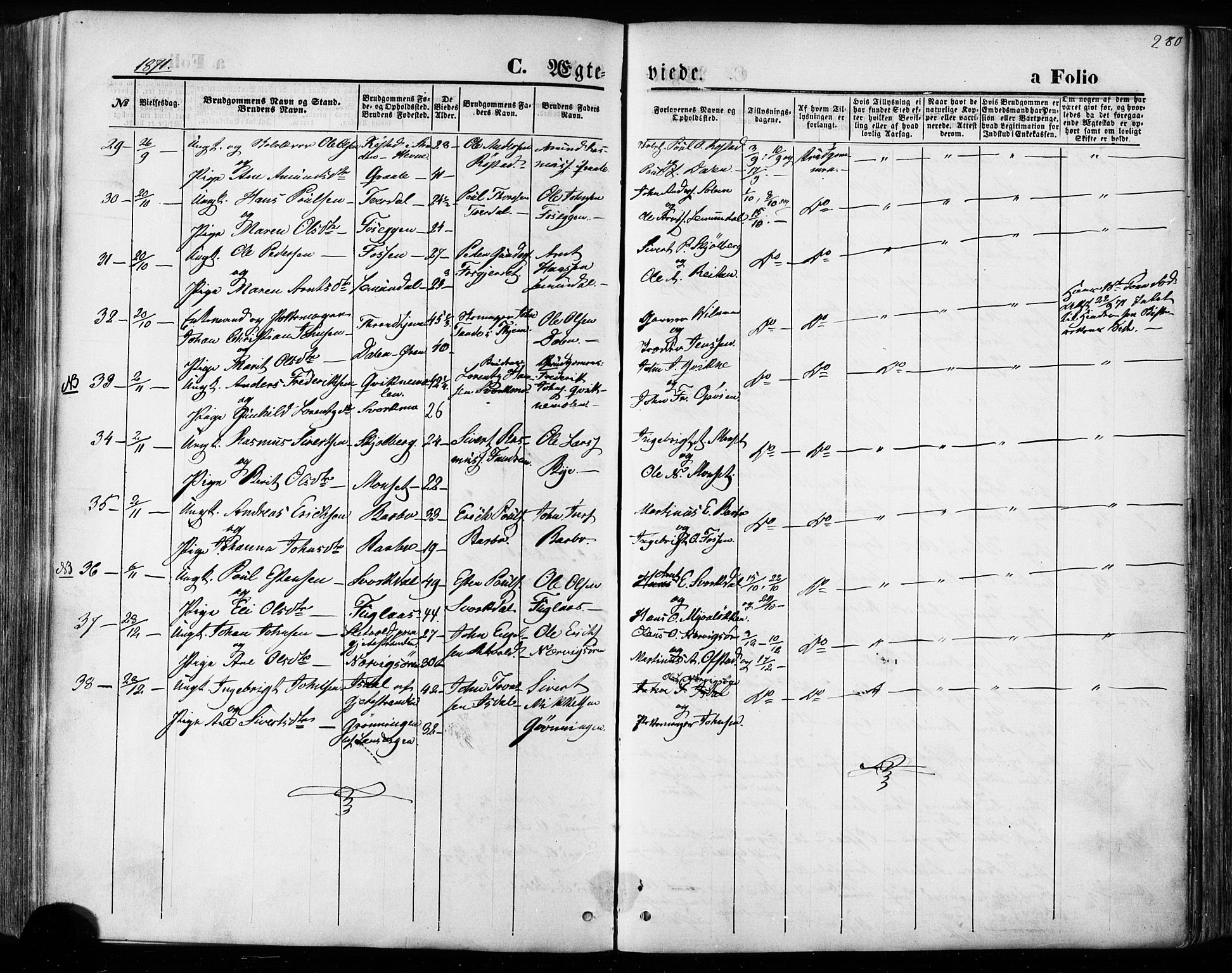 Ministerialprotokoller, klokkerbøker og fødselsregistre - Sør-Trøndelag, SAT/A-1456/668/L0807: Parish register (official) no. 668A07, 1870-1880, p. 280