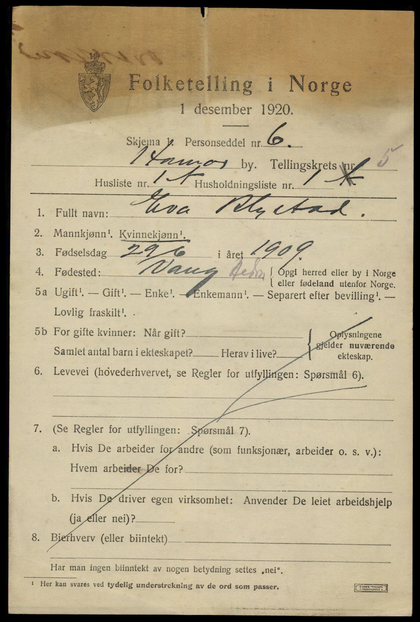 SAH, 1920 census for Hamar, 1920, p. 9267