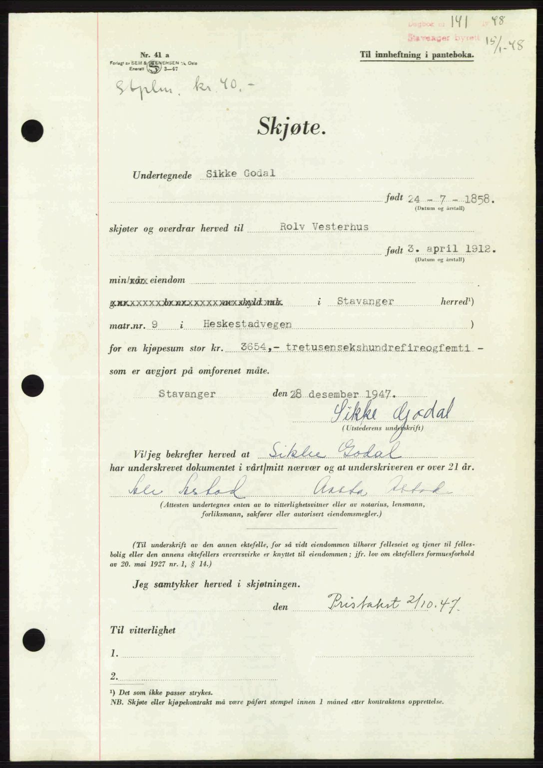 Stavanger byrett, SAST/A-100455/002/G/Gb/L0022: Mortgage book no. A11, 1947-1948, Diary no: : 141/1948