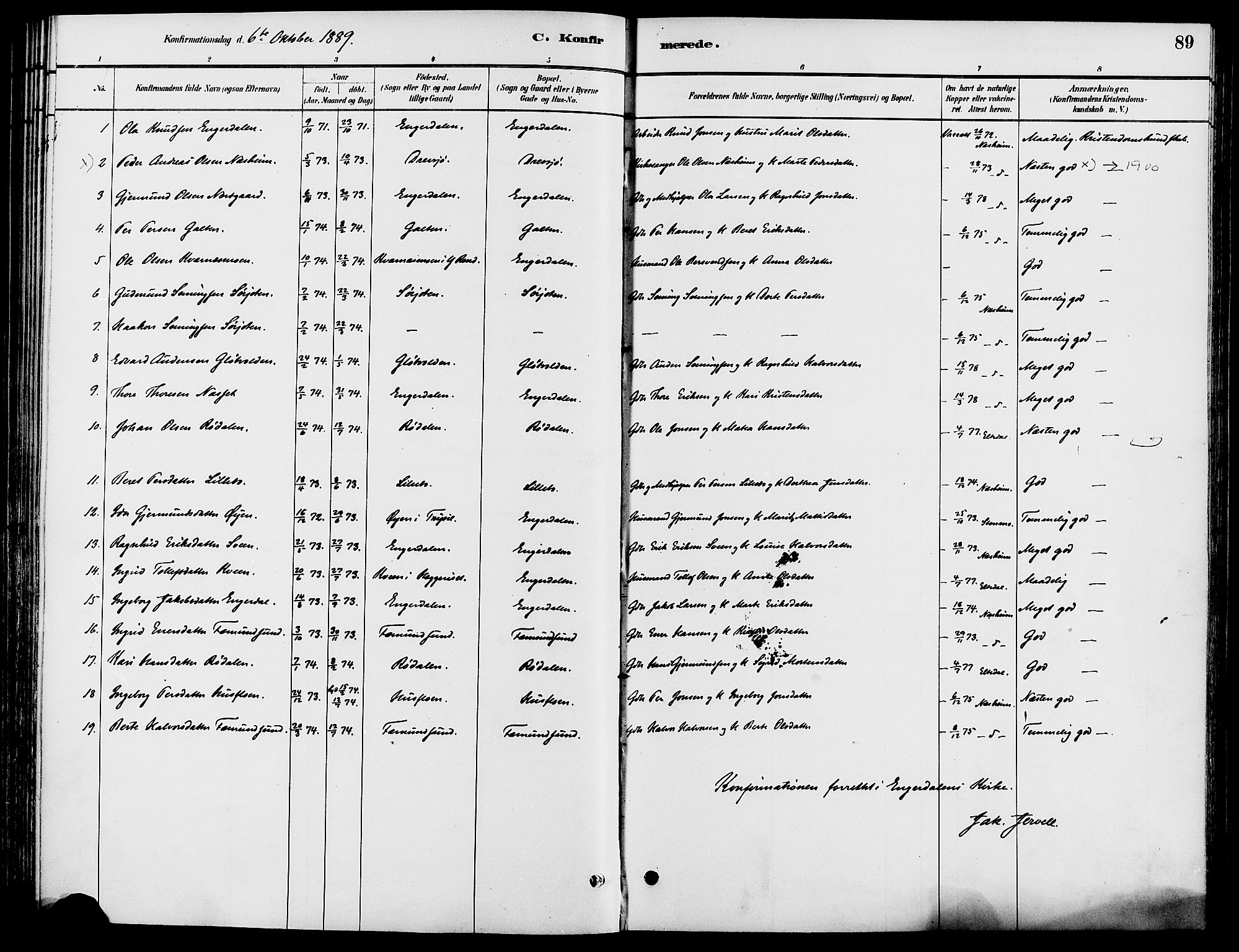 Engerdal prestekontor, AV/SAH-PREST-048/H/Ha/Haa/L0001: Parish register (official) no. 1, 1881-1898, p. 89