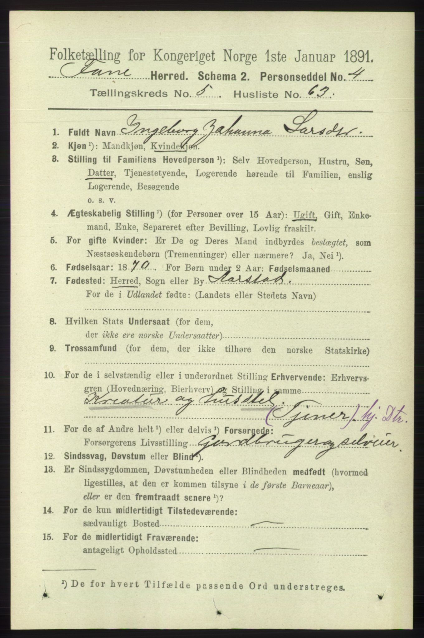 RA, 1891 census for 1249 Fana, 1891, p. 2492