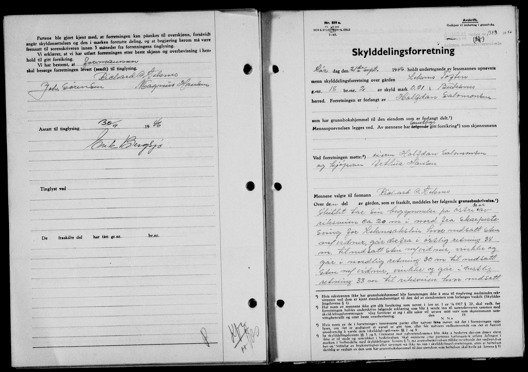 Lofoten sorenskriveri, SAT/A-0017/1/2/2C/L0014a: Mortgage book no. 14a, 1946-1946, Diary no: : 1343/1946