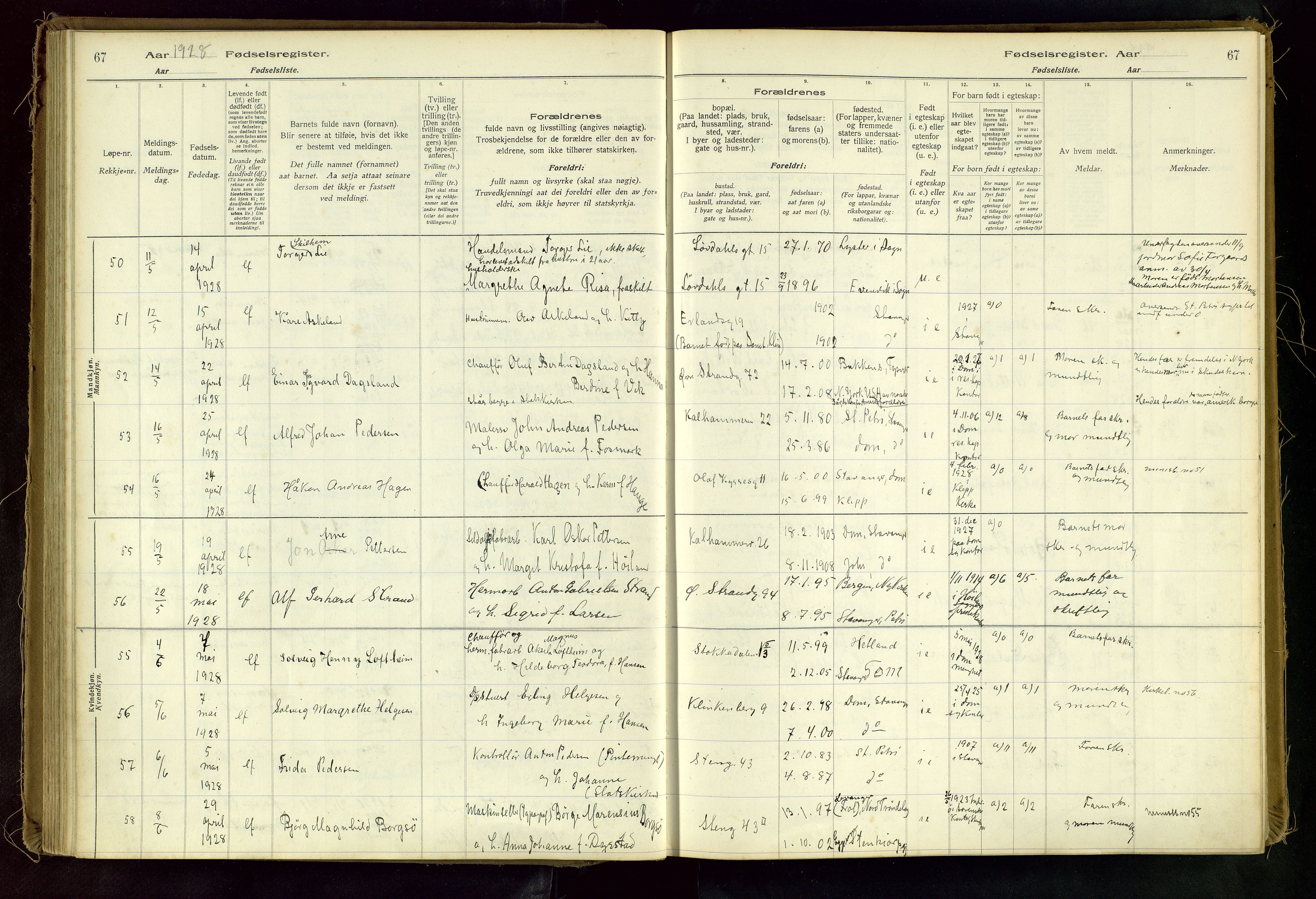 Domkirken sokneprestkontor, AV/SAST-A-101812/002/A/L0001: Birth register no. 1, 1925-1932, p. 67