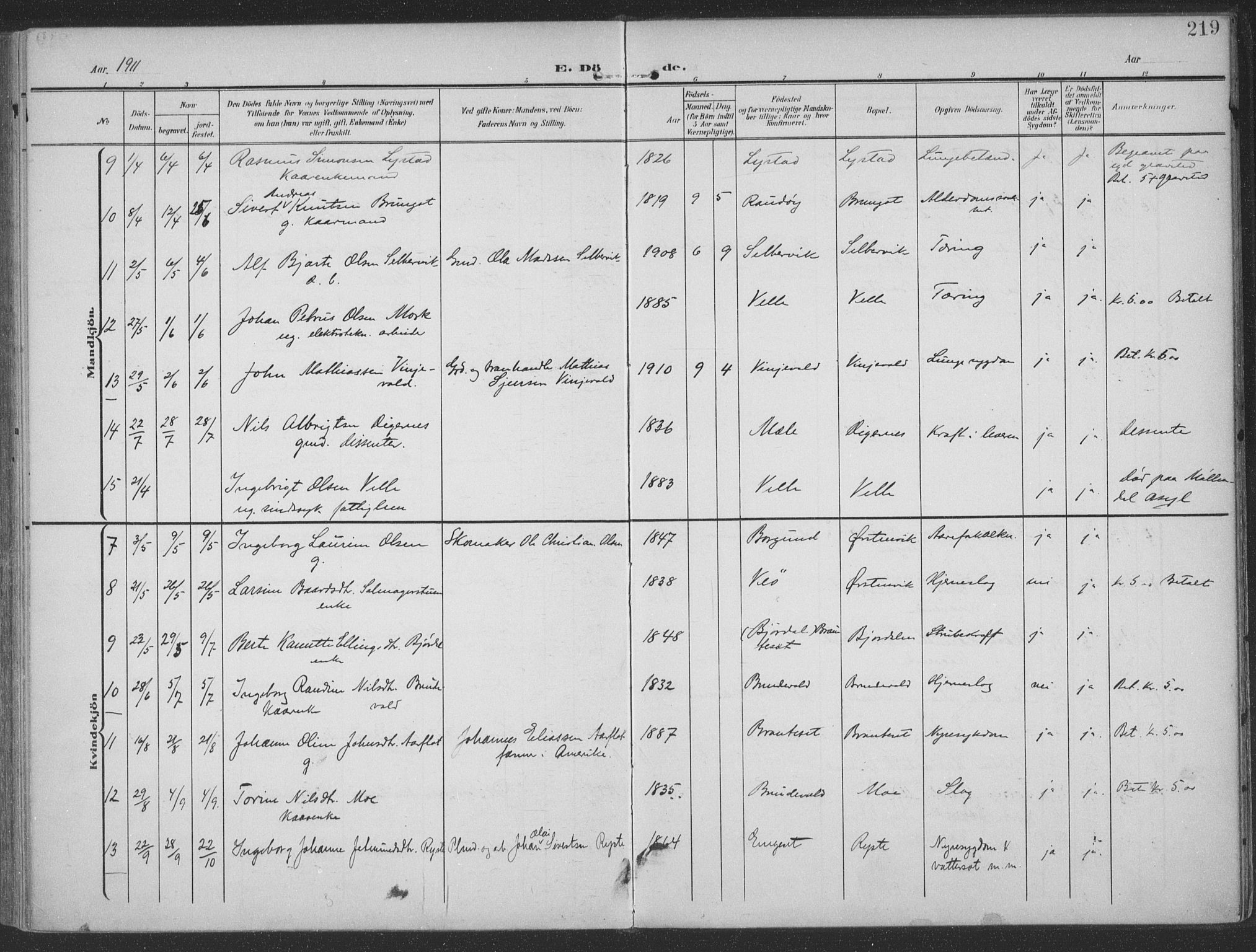 Ministerialprotokoller, klokkerbøker og fødselsregistre - Møre og Romsdal, SAT/A-1454/513/L0178: Parish register (official) no. 513A05, 1906-1919, p. 219