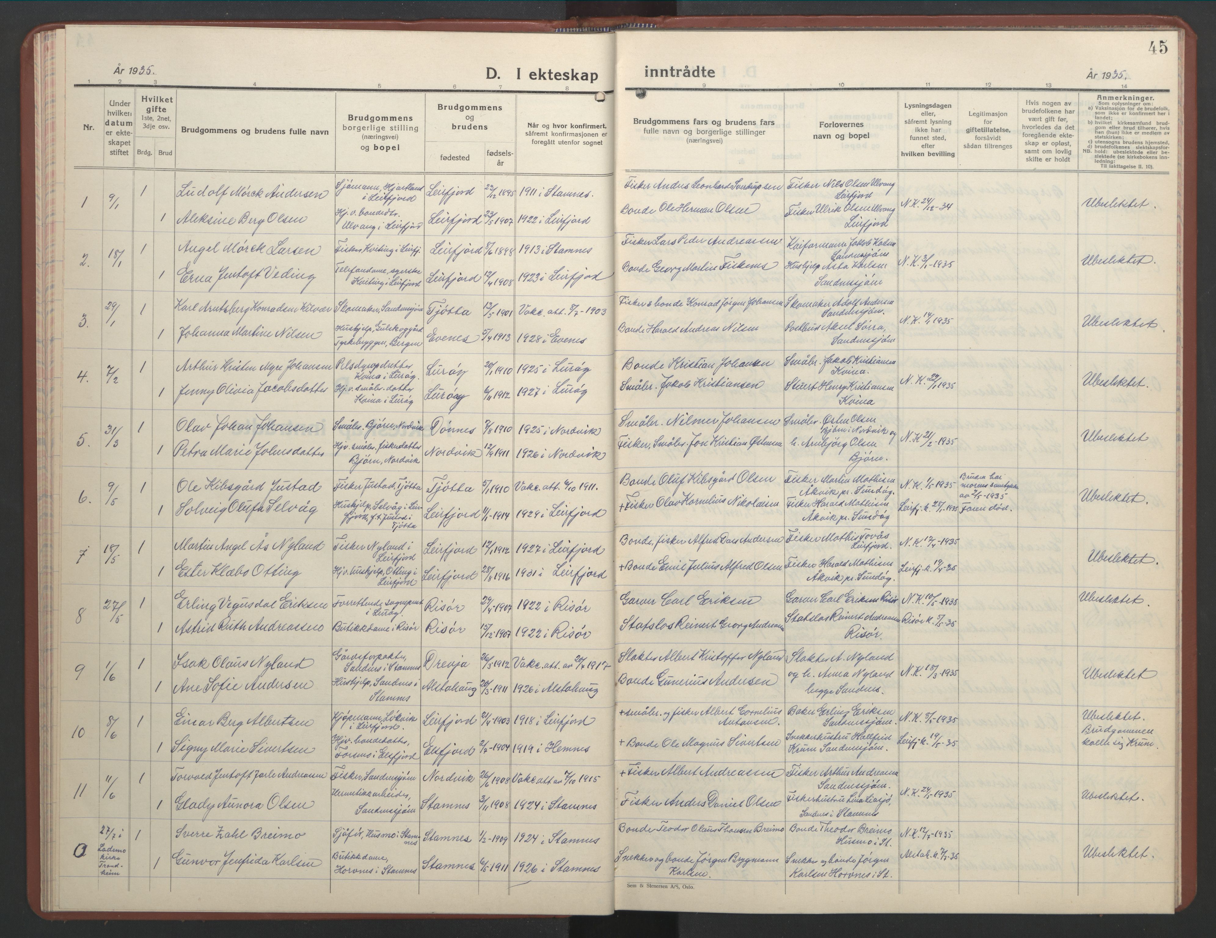 Ministerialprotokoller, klokkerbøker og fødselsregistre - Nordland, AV/SAT-A-1459/831/L0481: Parish register (copy) no. 831C08, 1935-1948, p. 45