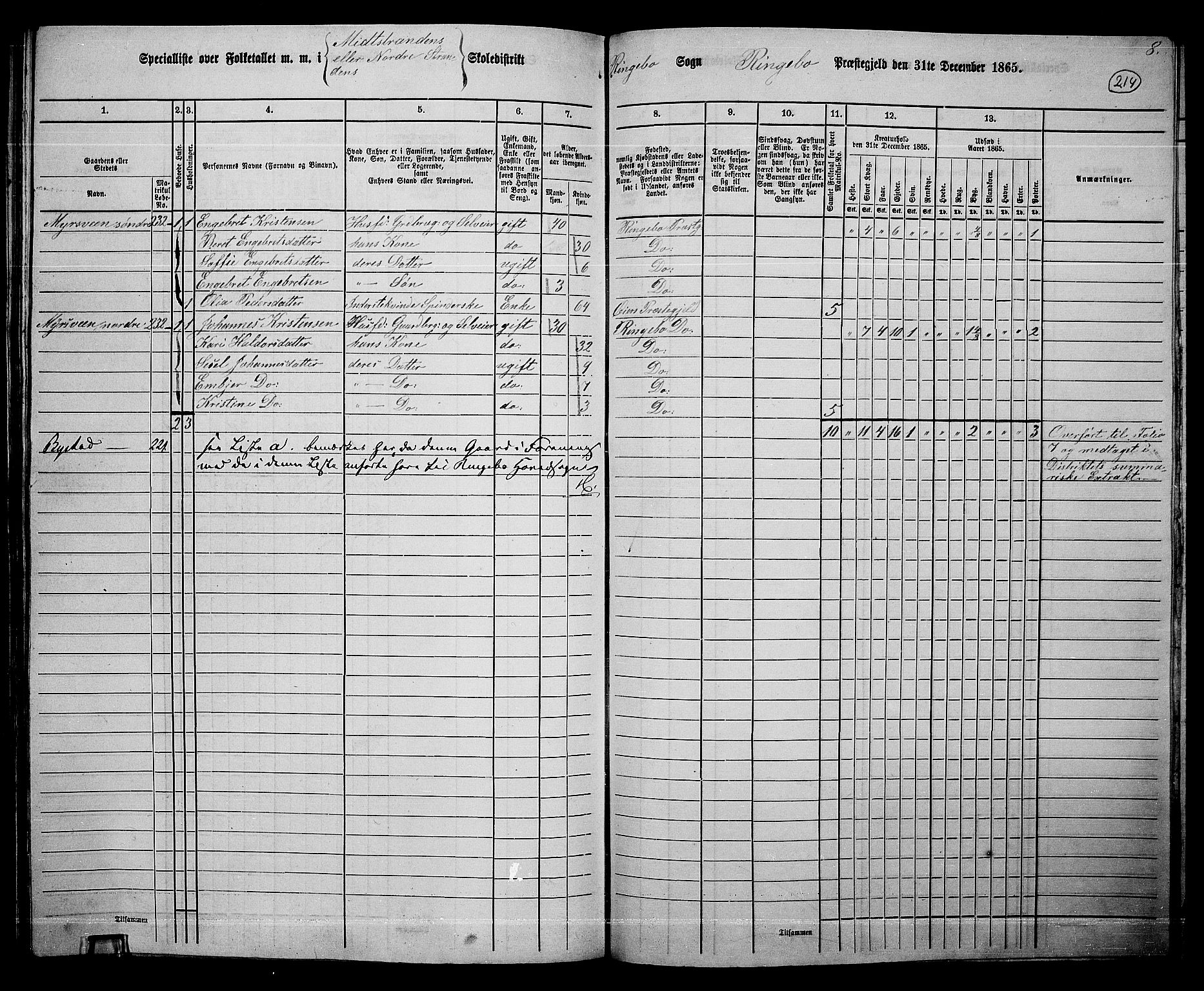 RA, 1865 census for Ringebu, 1865, p. 188