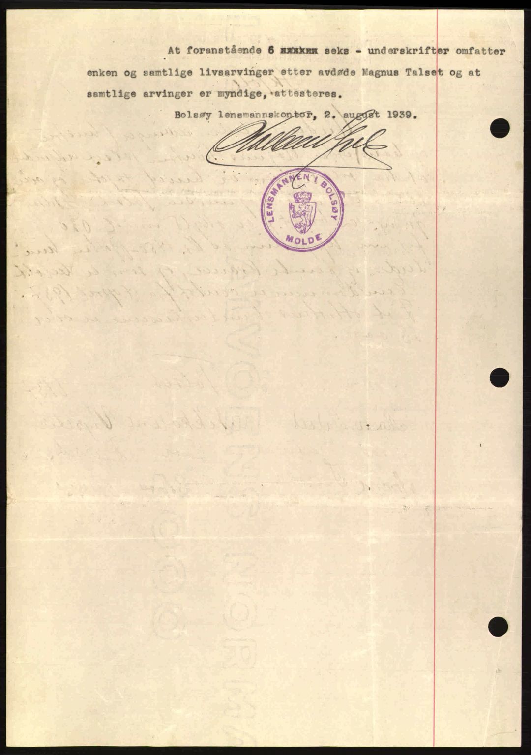 Romsdal sorenskriveri, AV/SAT-A-4149/1/2/2C: Mortgage book no. A7, 1939-1939, Diary no: : 1616/1939