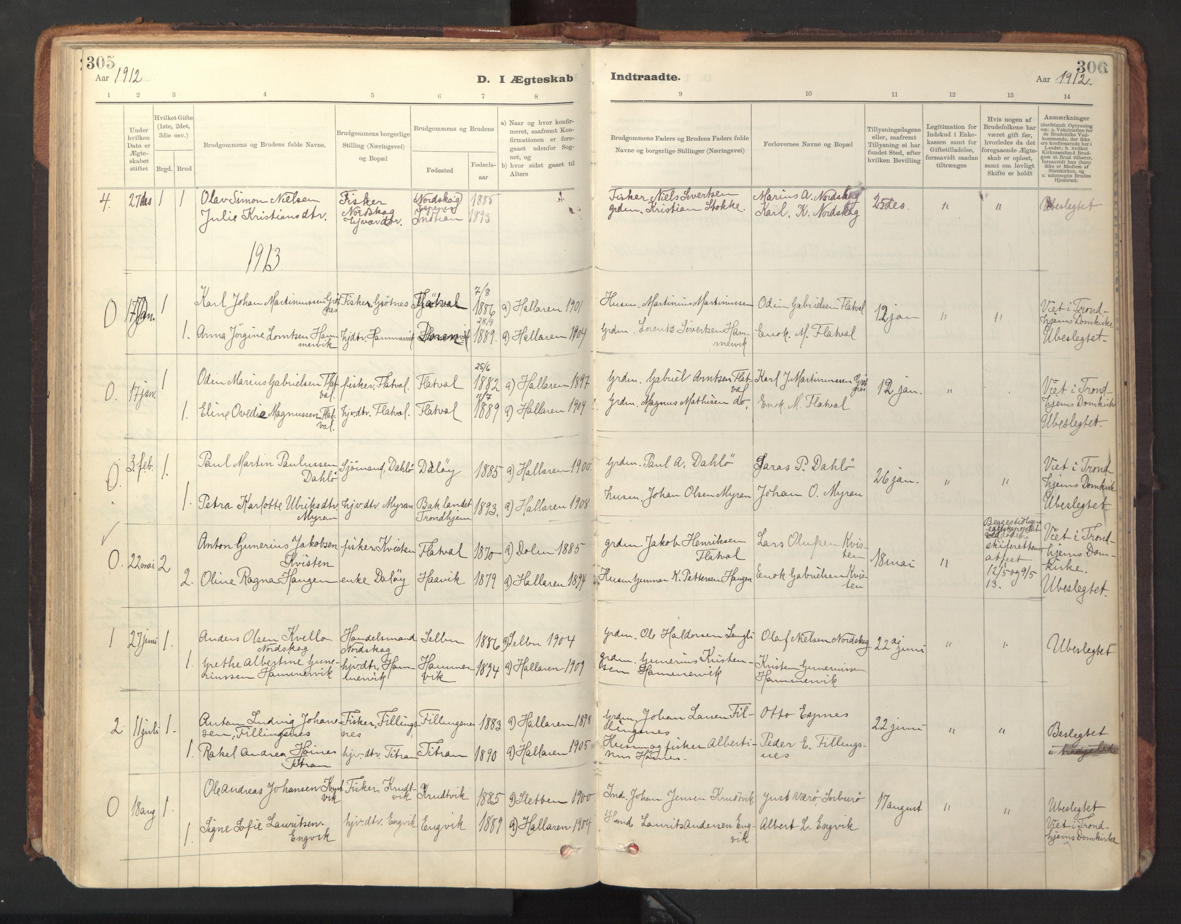 Ministerialprotokoller, klokkerbøker og fødselsregistre - Sør-Trøndelag, SAT/A-1456/641/L0596: Parish register (official) no. 641A02, 1898-1915, p. 305-306