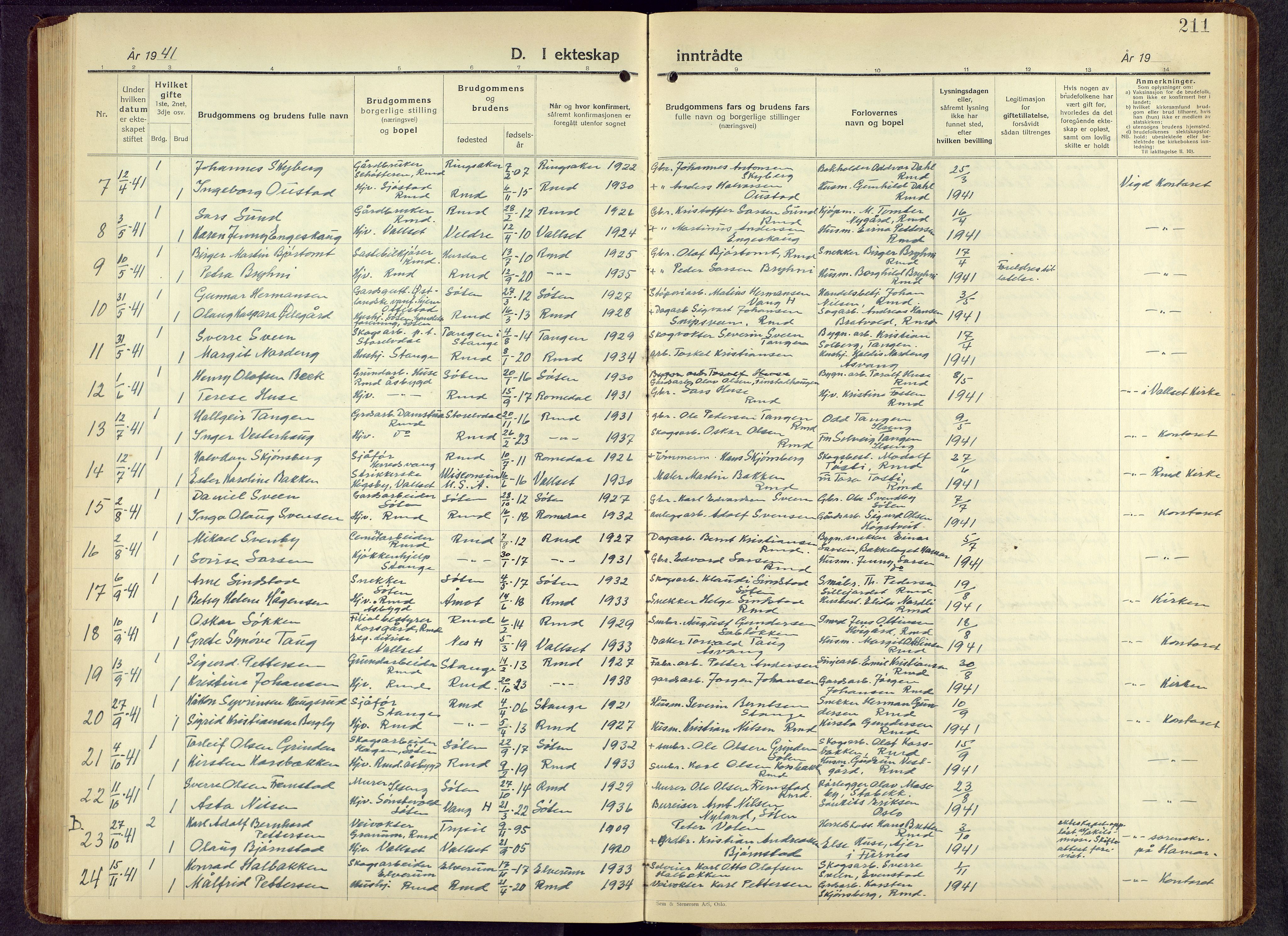 Romedal prestekontor, SAH/PREST-004/L/L0016: Parish register (copy) no. 16, 1940-1958, p. 211