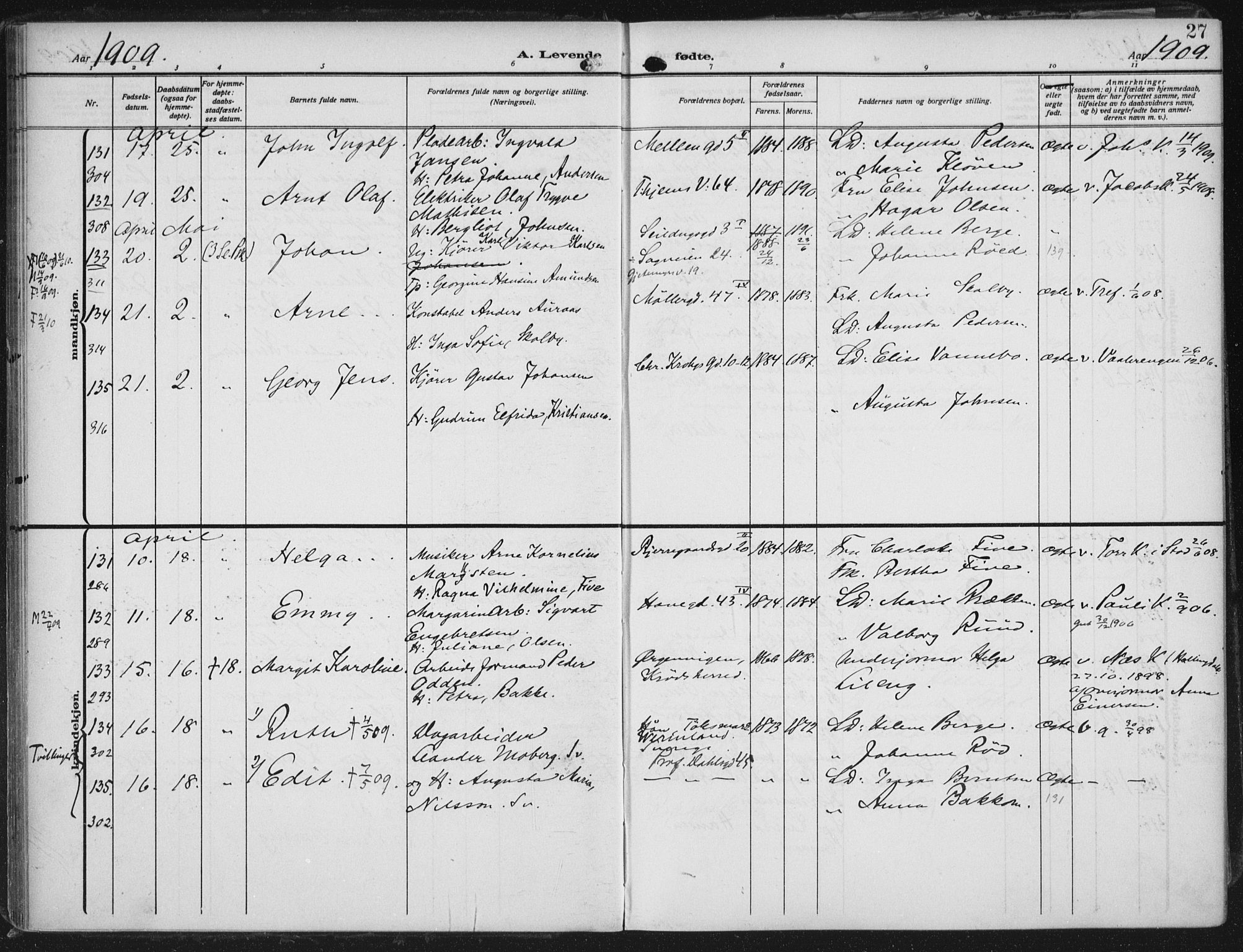 Rikshospitalet prestekontor Kirkebøker, AV/SAO-A-10309b/F/L0014: Parish register (official) no. 14, 1909-1912, p. 27