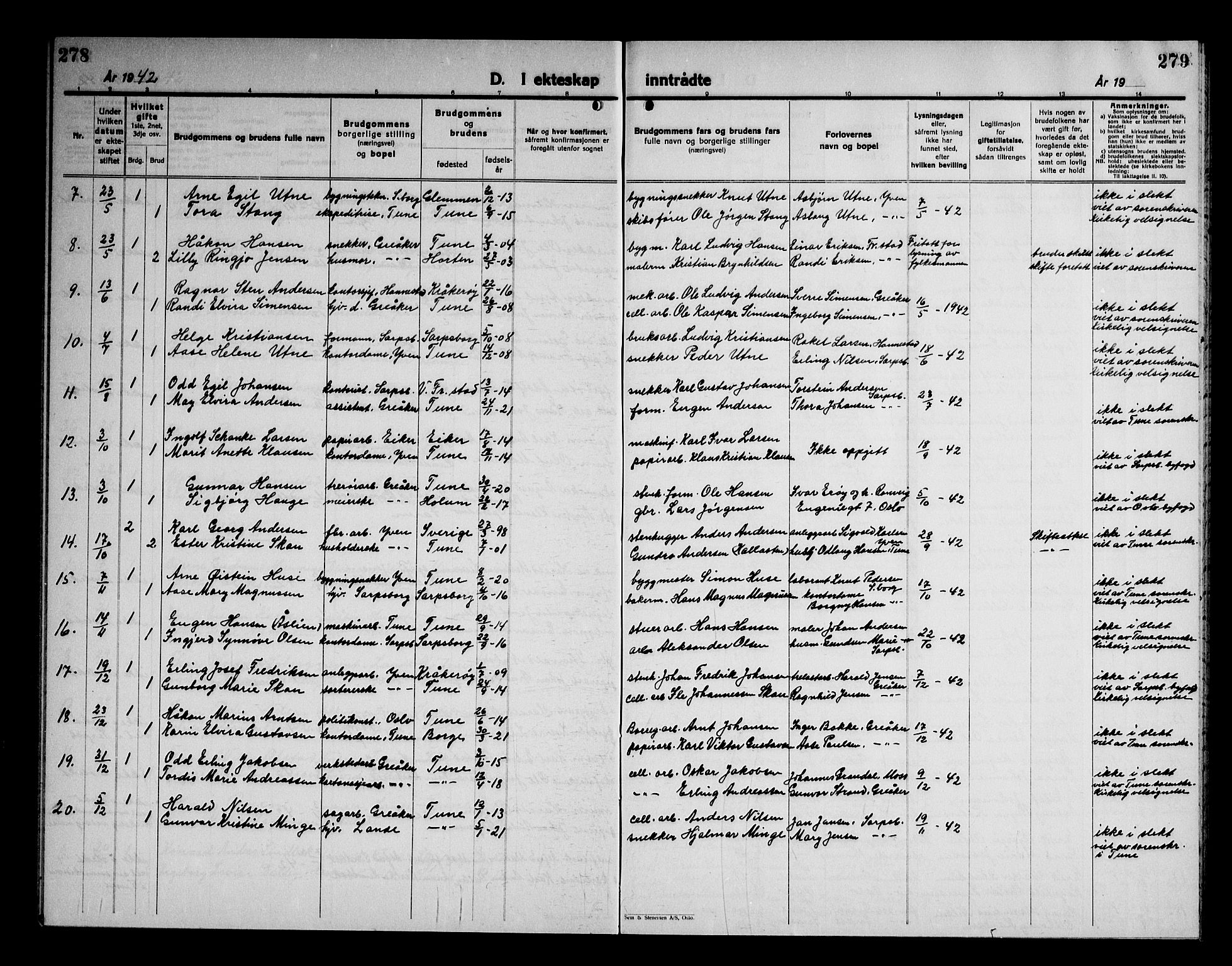 Tune prestekontor Kirkebøker, SAO/A-2007/G/Gc/L0002: Parish register (copy) no. III 2, 1931-1945, p. 278-279