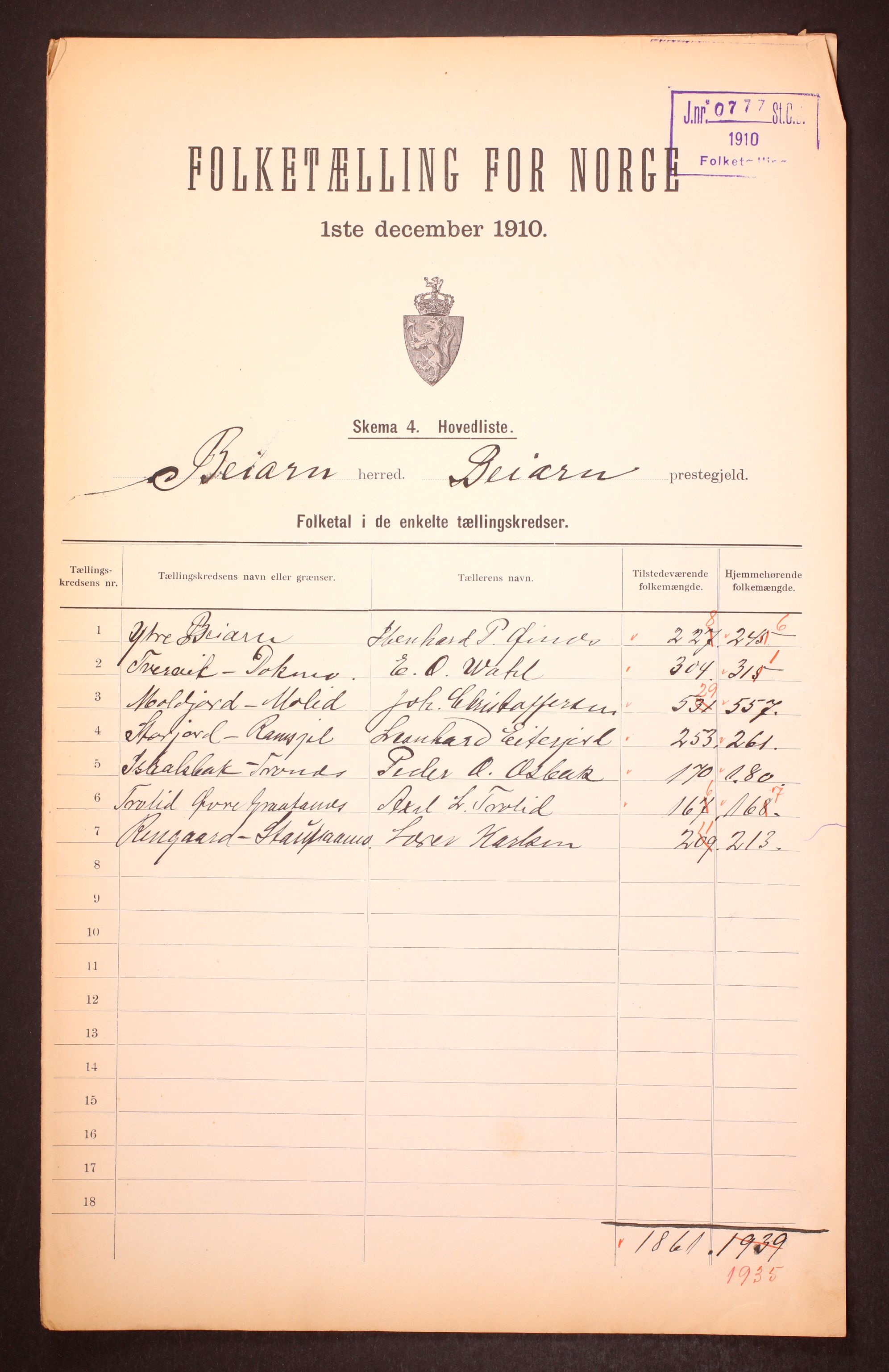 RA, 1910 census for Beiarn, 1910, p. 2