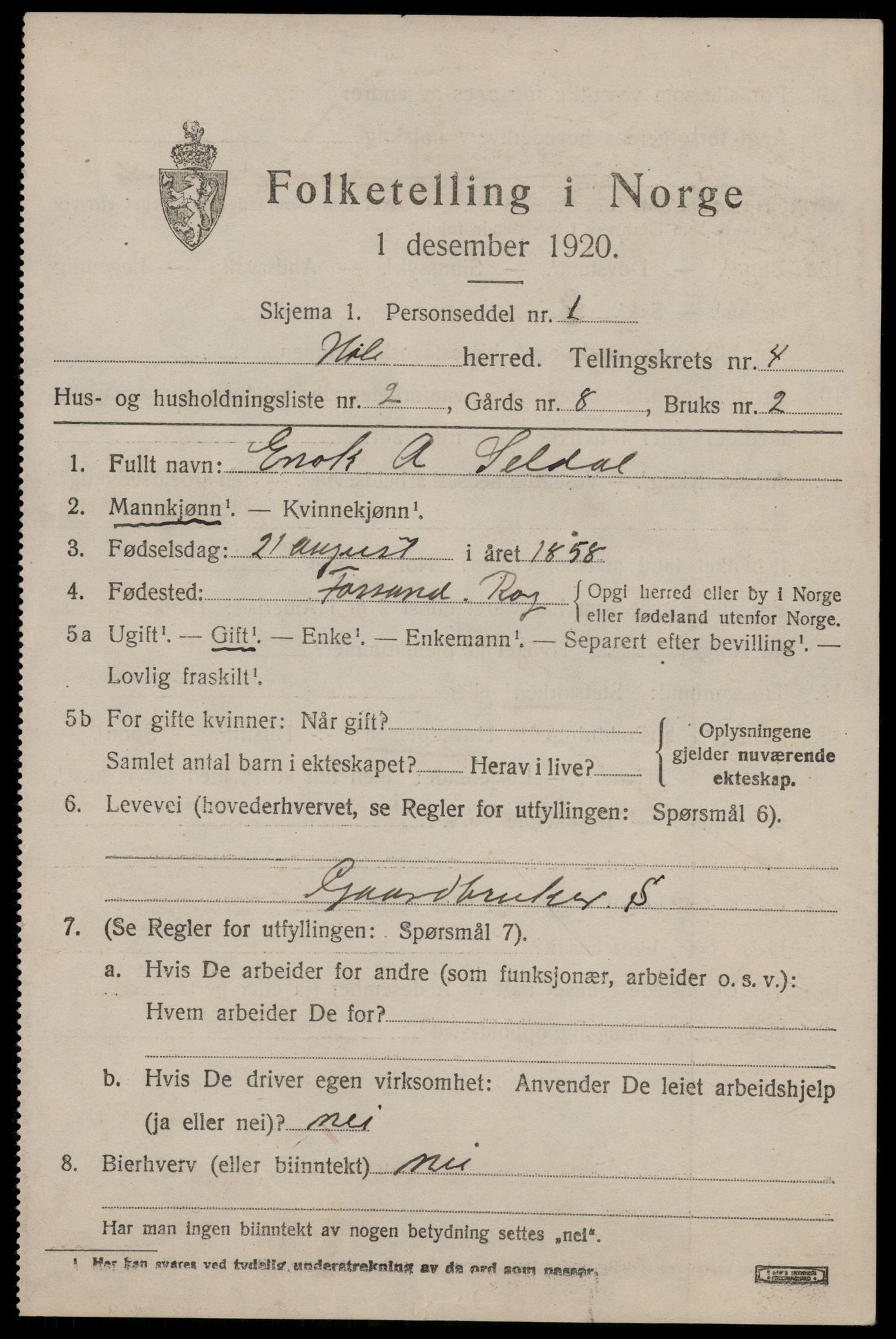 SAST, 1920 census for Høle, 1920, p. 1373