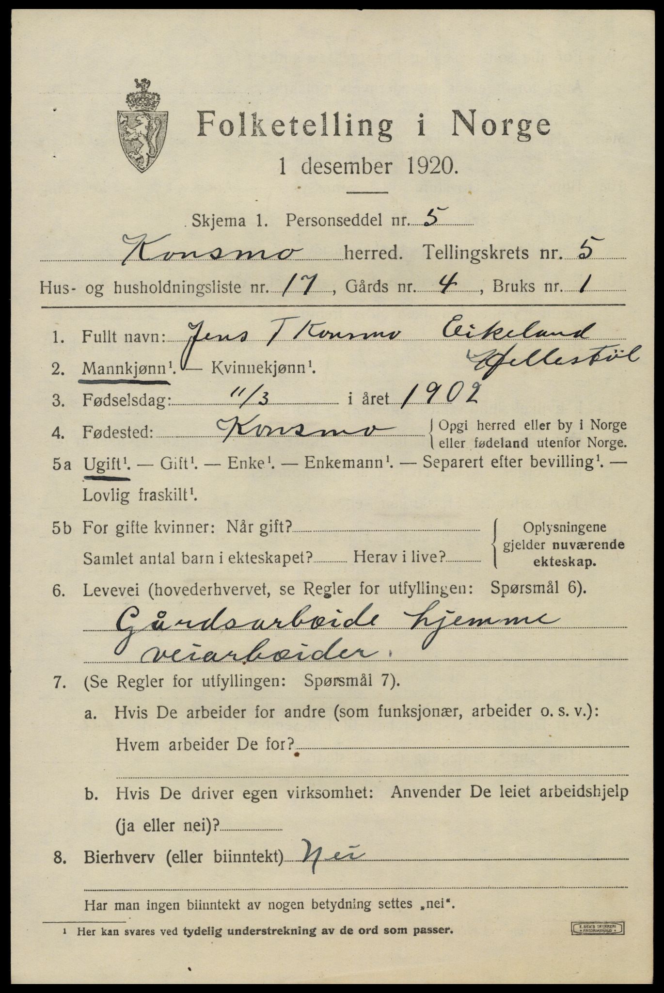 SAK, 1920 census for Konsmo, 1920, p. 1400