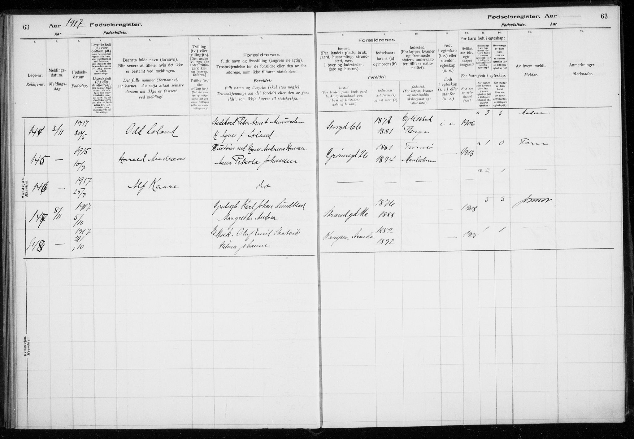 Tromsø sokneprestkontor/stiftsprosti/domprosti, AV/SATØ-S-1343/H/Ha/L0131: Birth register no. 131, 1916-1921, p. 63