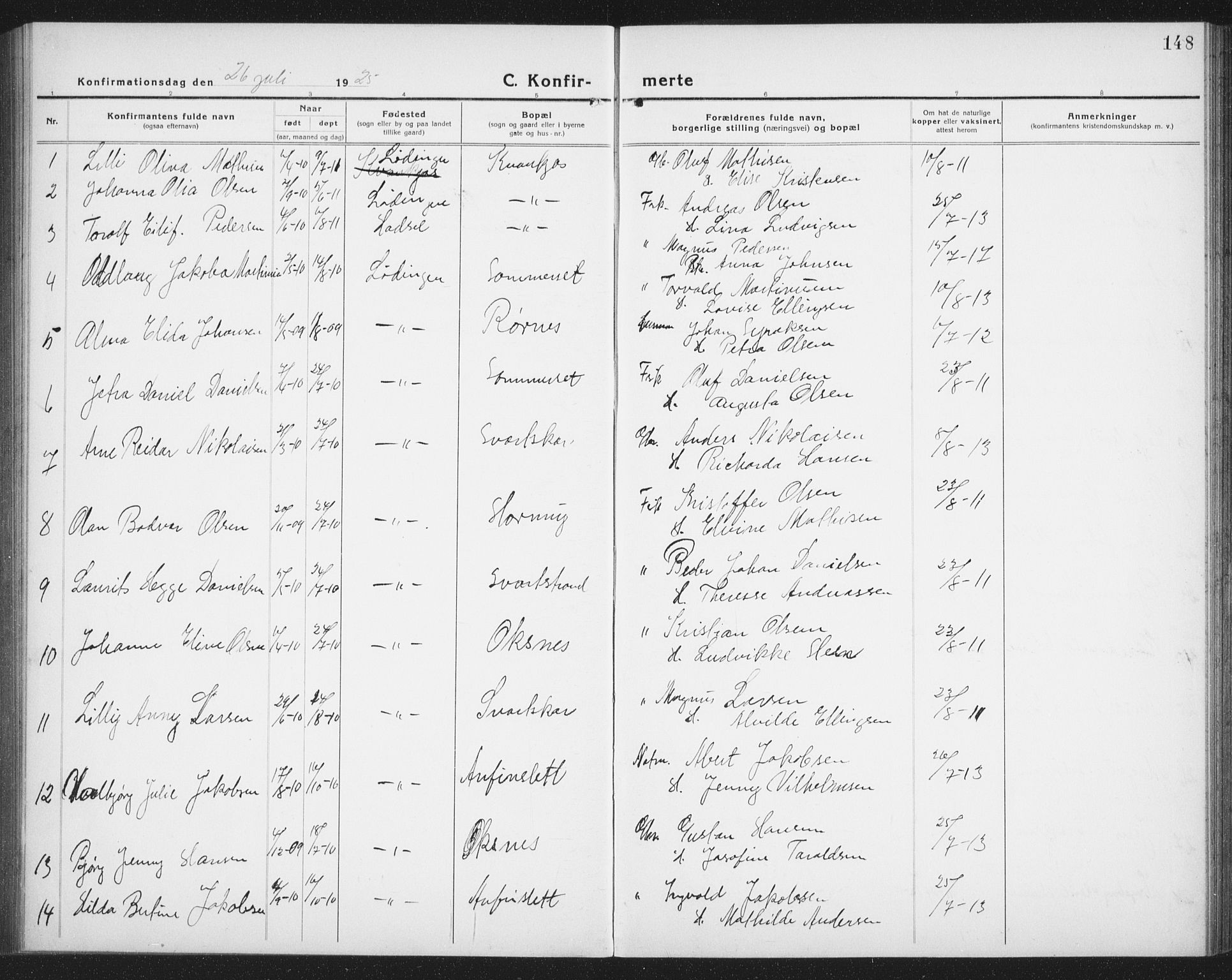 Ministerialprotokoller, klokkerbøker og fødselsregistre - Nordland, SAT/A-1459/872/L1049: Parish register (copy) no. 872C05, 1920-1938, p. 148