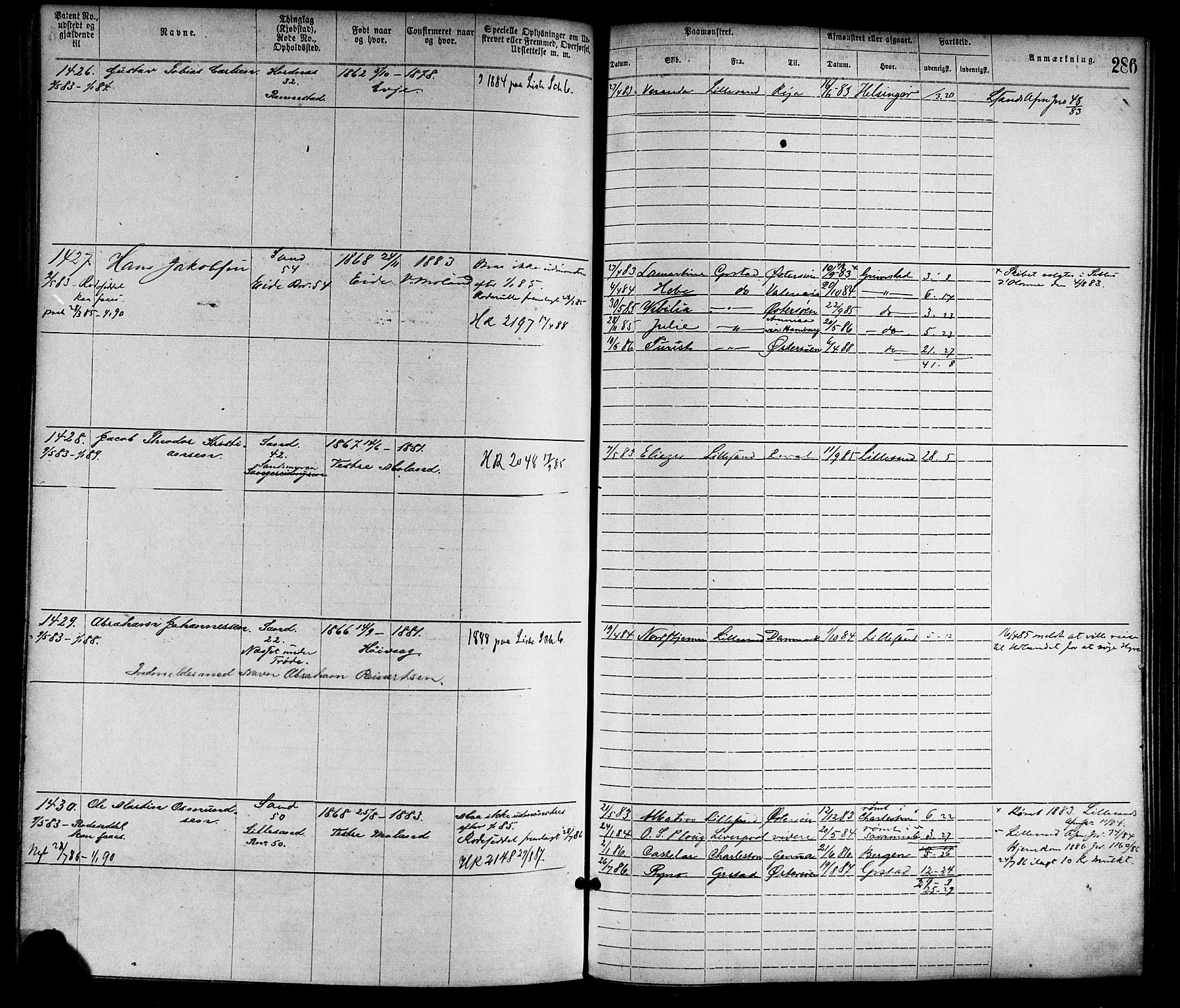 Lillesand mønstringskrets, SAK/2031-0014/F/Fa/L0004: Annotasjonsrulle nr 1-1920 med register, G-1, 1869-1891, p. 312