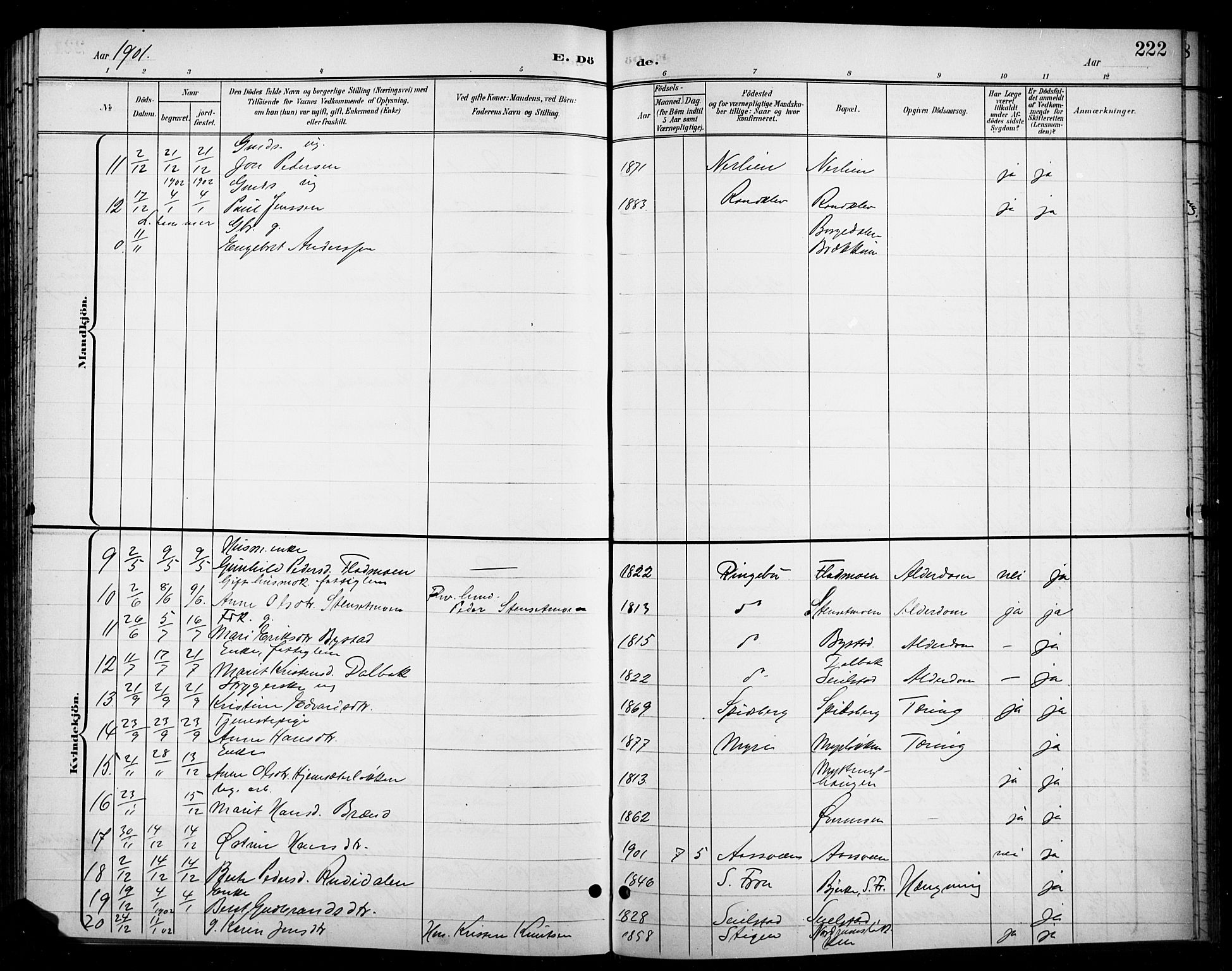 Ringebu prestekontor, AV/SAH-PREST-082/H/Ha/Hab/L0009: Parish register (copy) no. 9, 1899-1921, p. 222