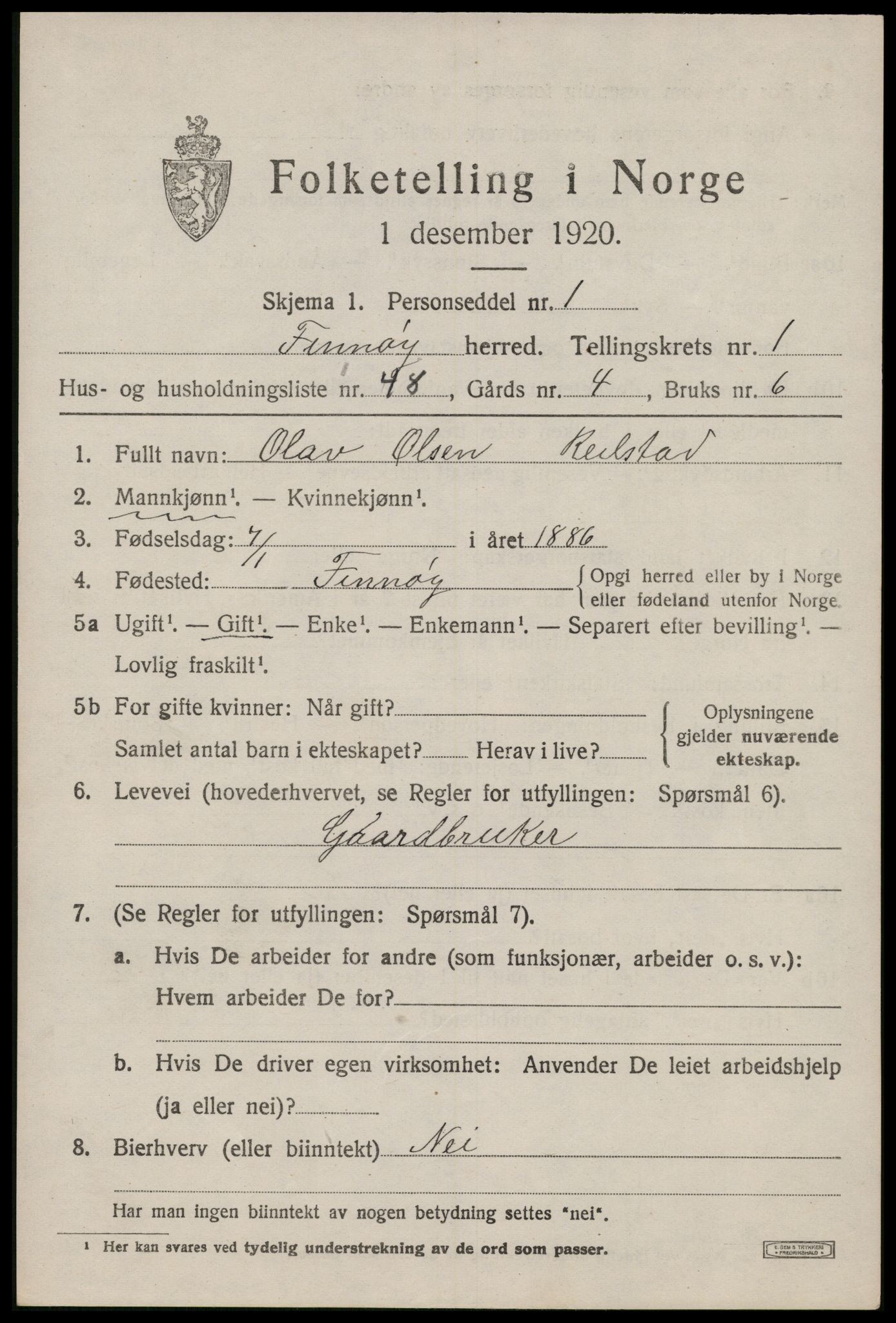 SAST, 1920 census for Finnøy, 1920, p. 1014