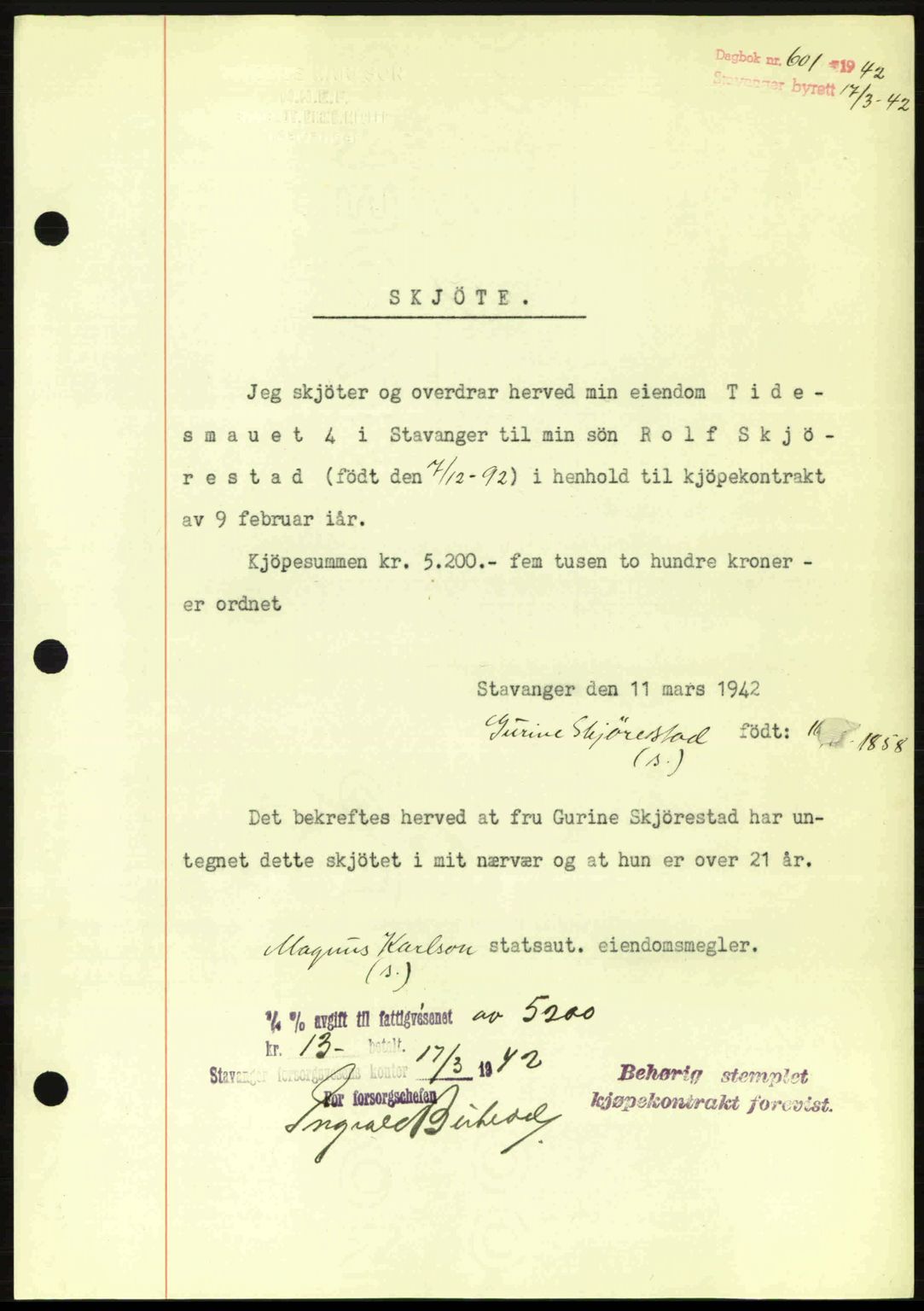 Stavanger byrett, SAST/A-100455/002/G/Gb/L0017: Mortgage book no. A7, 1941-1943, Diary no: : 601/1942