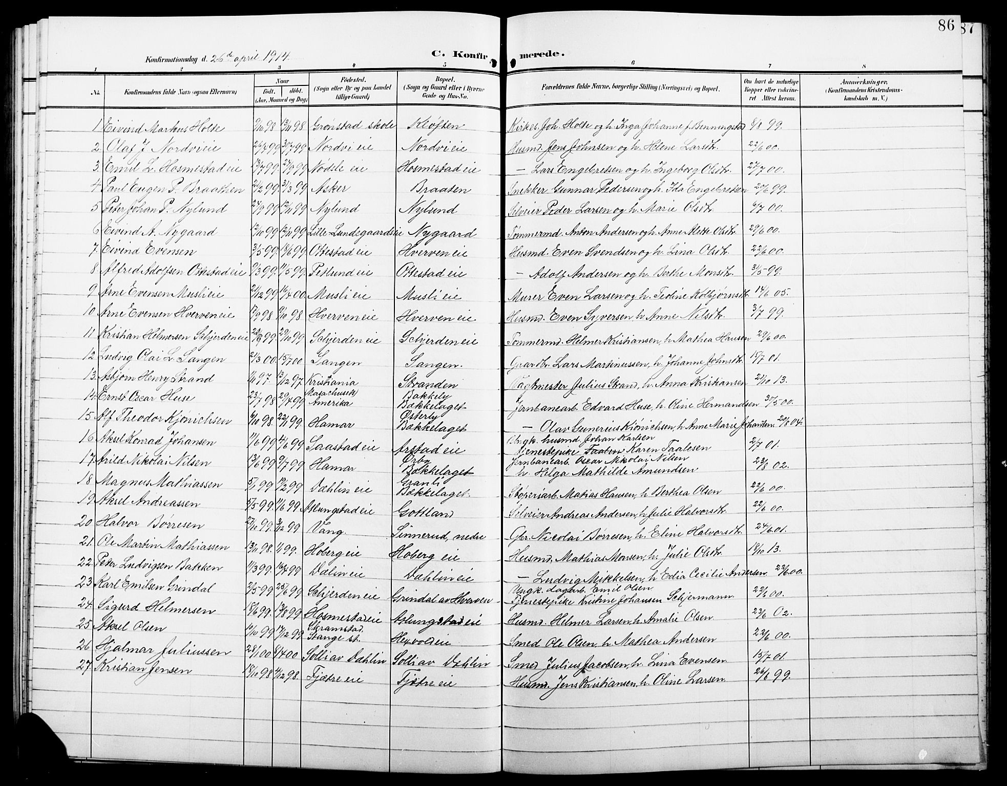 Stange prestekontor, AV/SAH-PREST-002/L/L0013: Parish register (copy) no. 13, 1906-1915, p. 86