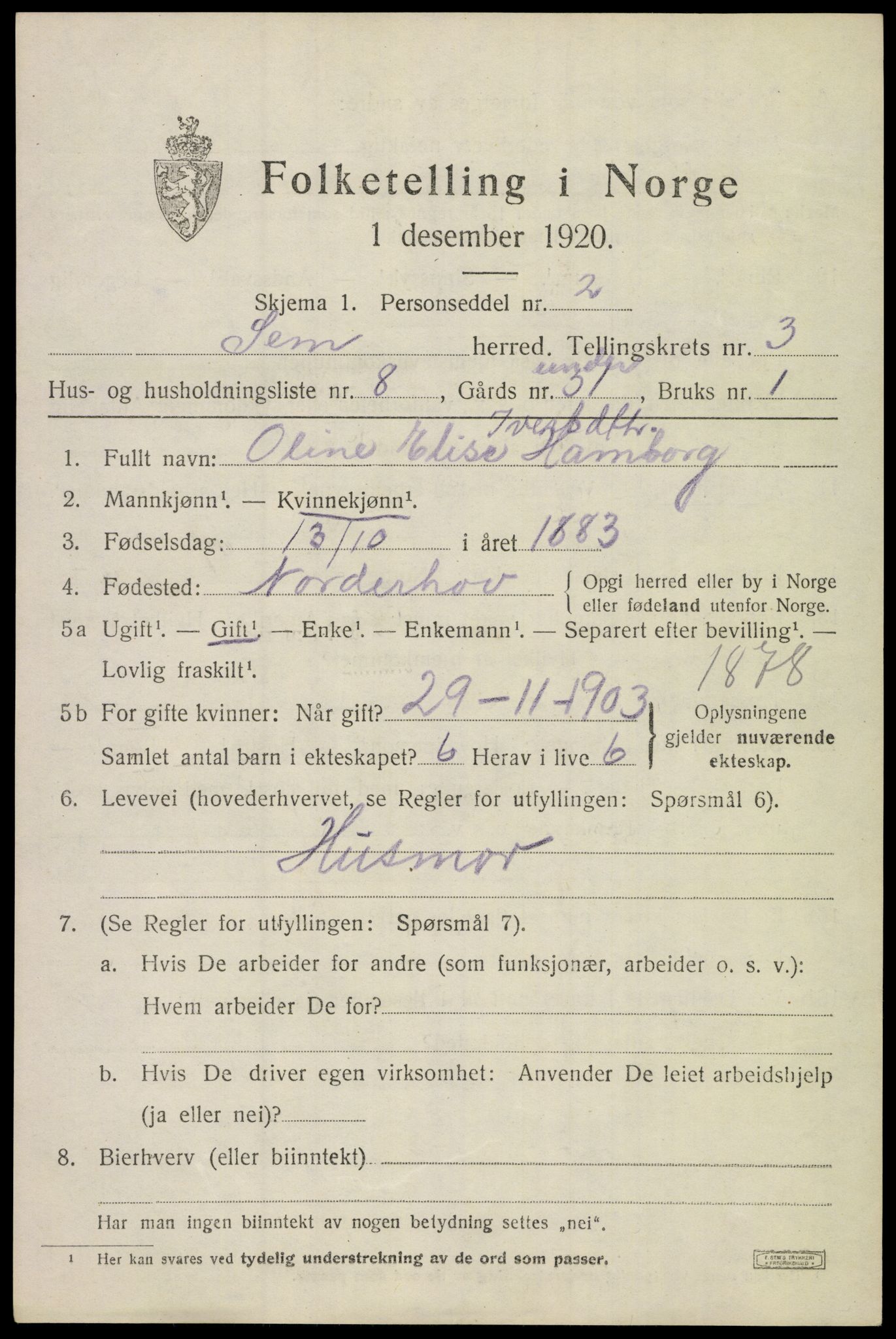 SAKO, 1920 census for Sem, 1920, p. 6477