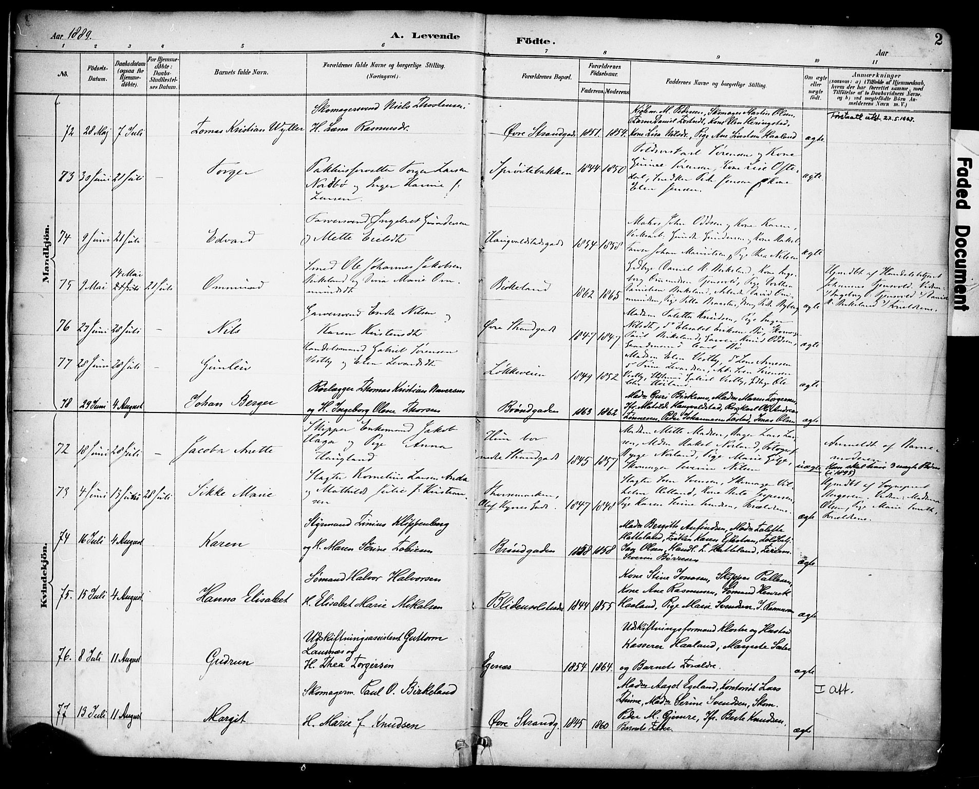 Domkirken sokneprestkontor, SAST/A-101812/001/30/30BA/L0030: Parish register (official) no. A 29, 1889-1902, p. 2