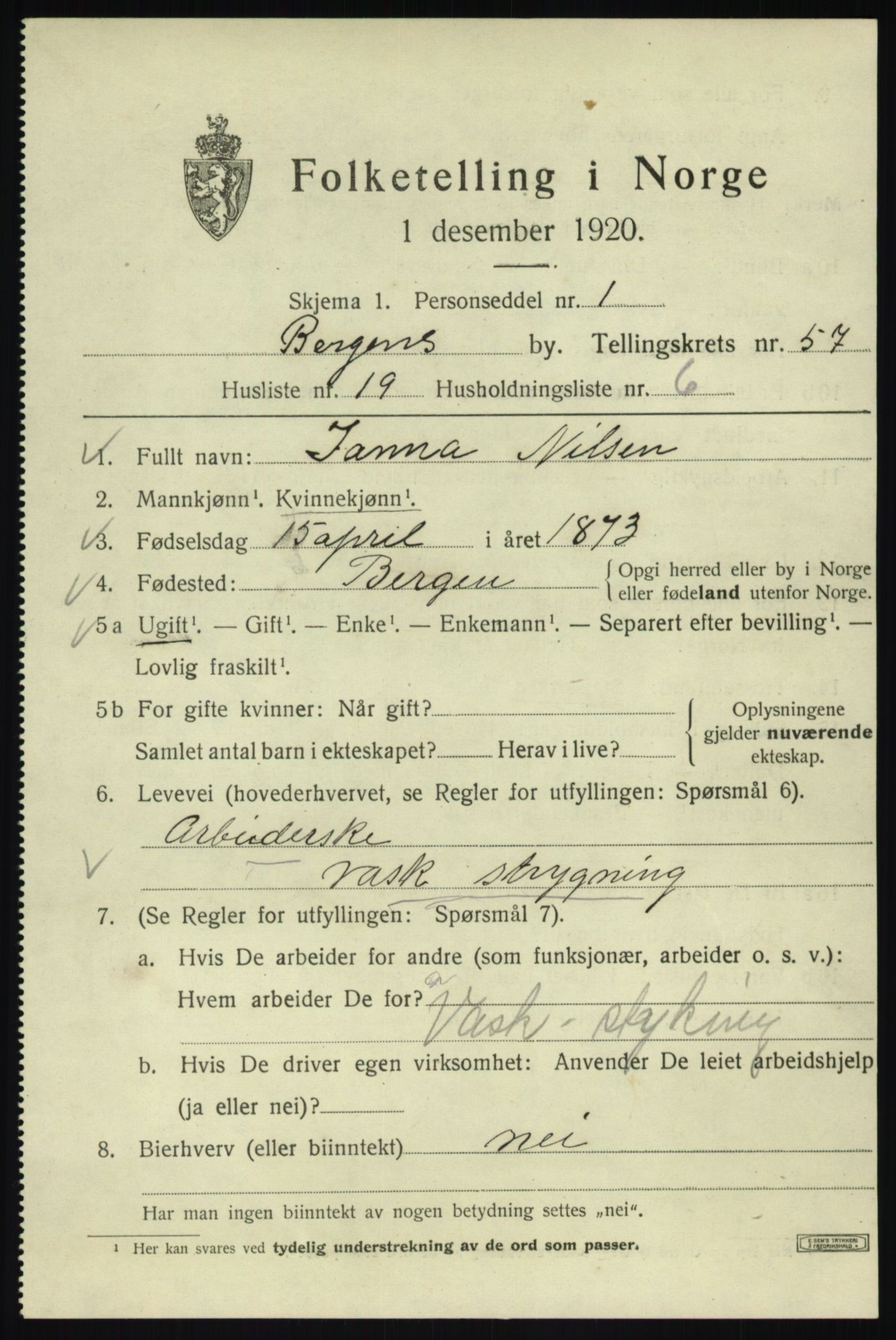 SAB, 1920 census for Bergen, 1920, p. 126652