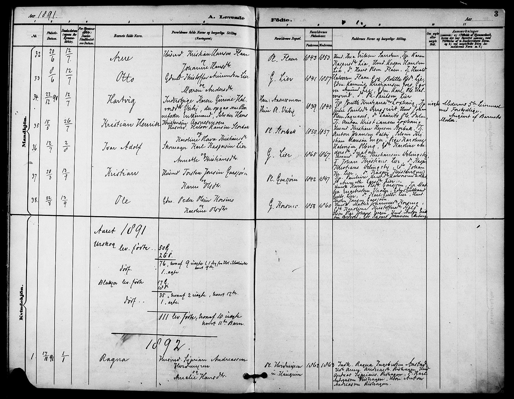 Aurskog prestekontor Kirkebøker, AV/SAO-A-10304a/F/Fa/L0009: Parish register (official) no. I 9, 1891-1898, p. 3