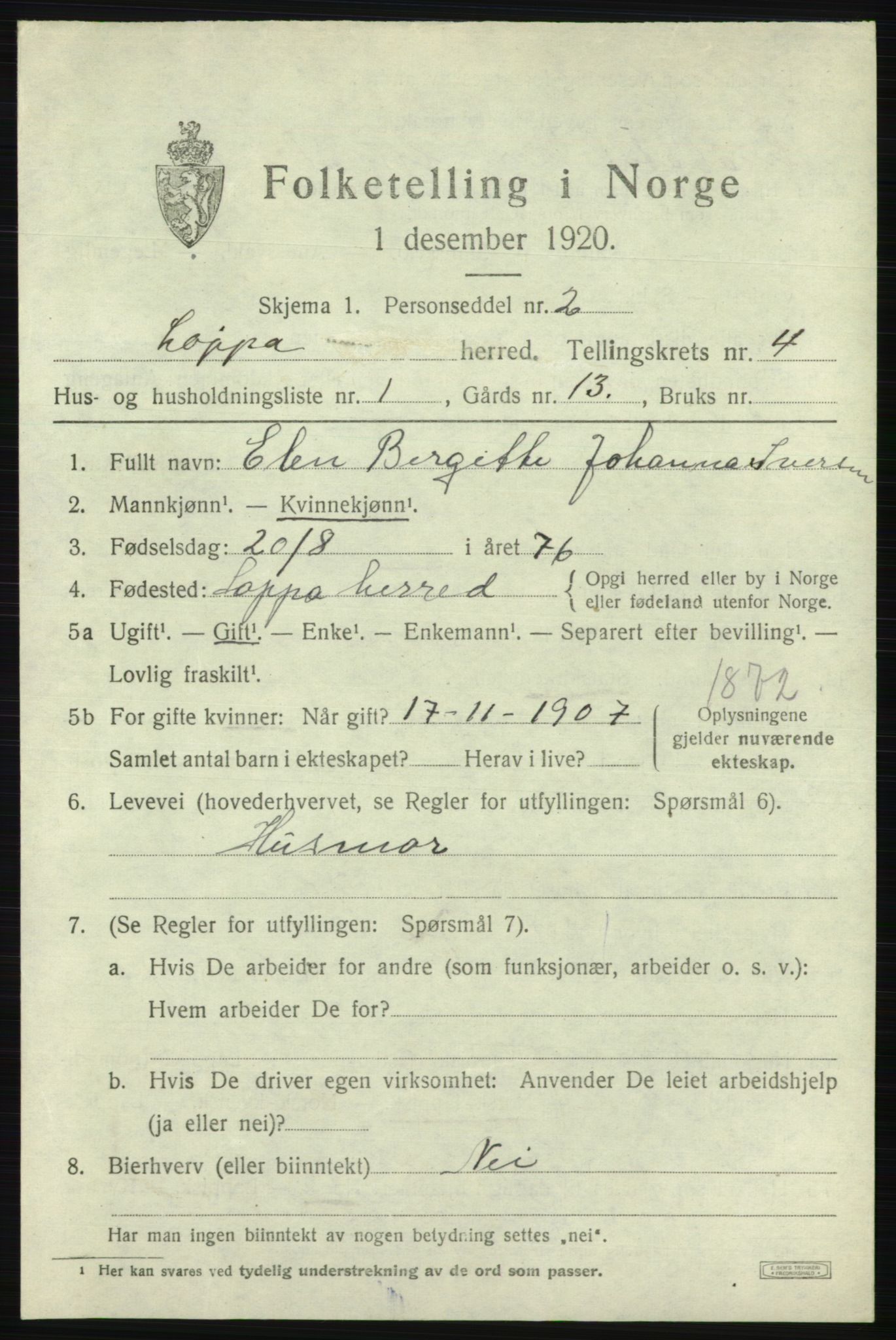 SATØ, 1920 census for Loppa, 1920, p. 1310