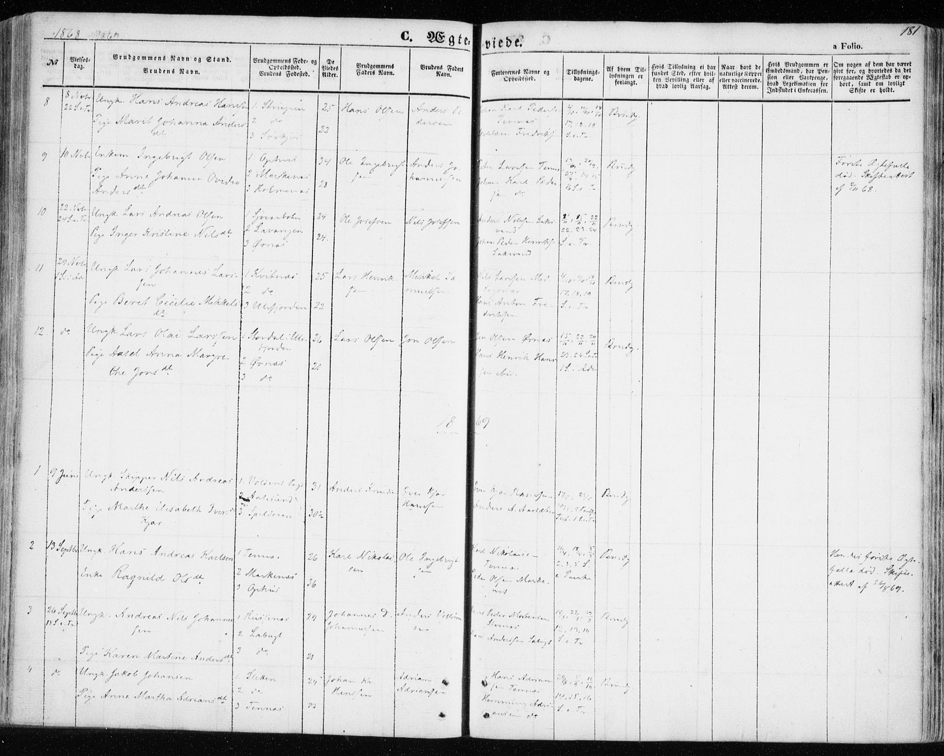 Balsfjord sokneprestembete, AV/SATØ-S-1303/G/Gaa/L0003kirke: Parish register (official) no. 3, 1856-1870, p. 181