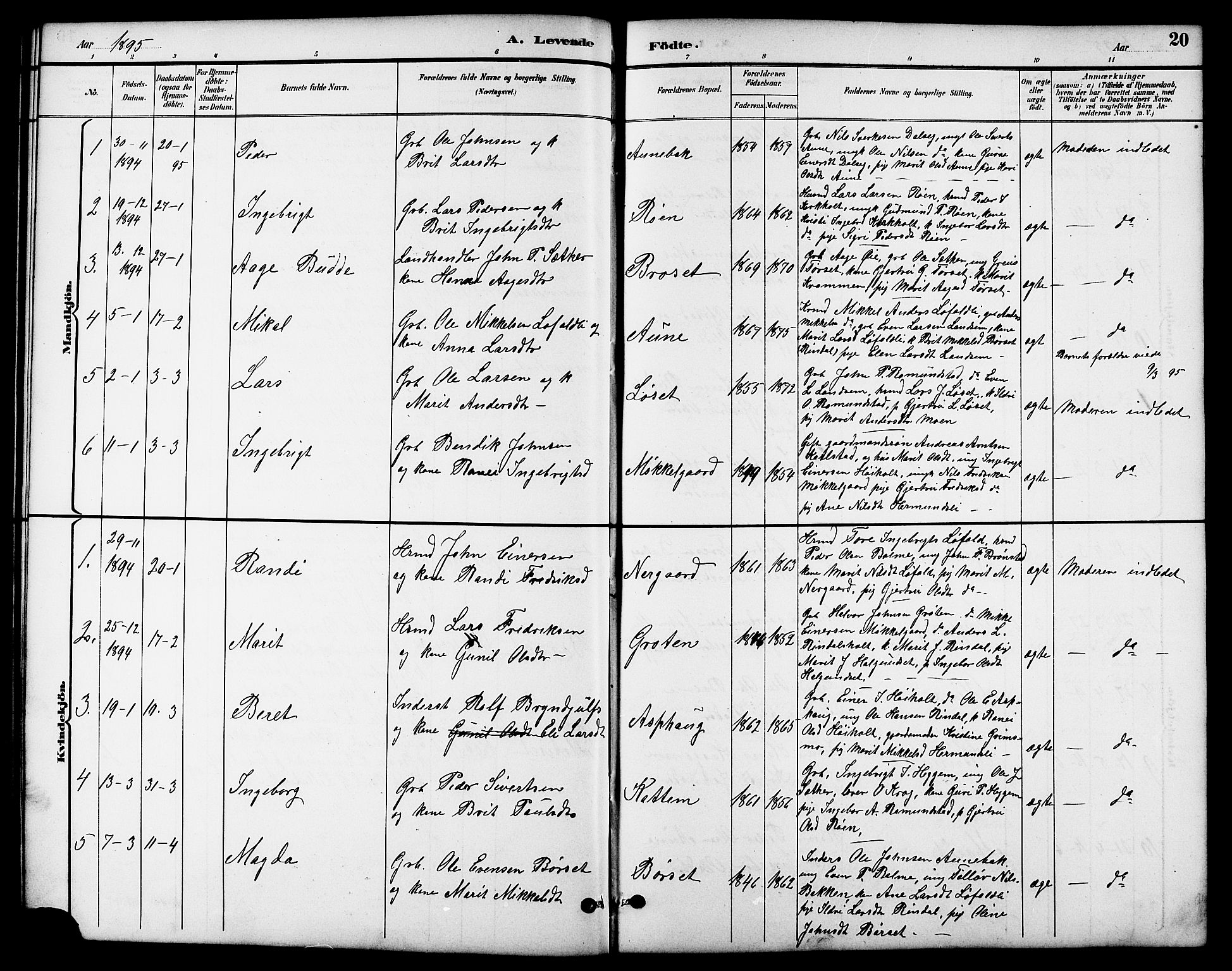 Ministerialprotokoller, klokkerbøker og fødselsregistre - Møre og Romsdal, SAT/A-1454/598/L1078: Parish register (copy) no. 598C03, 1892-1909, p. 20