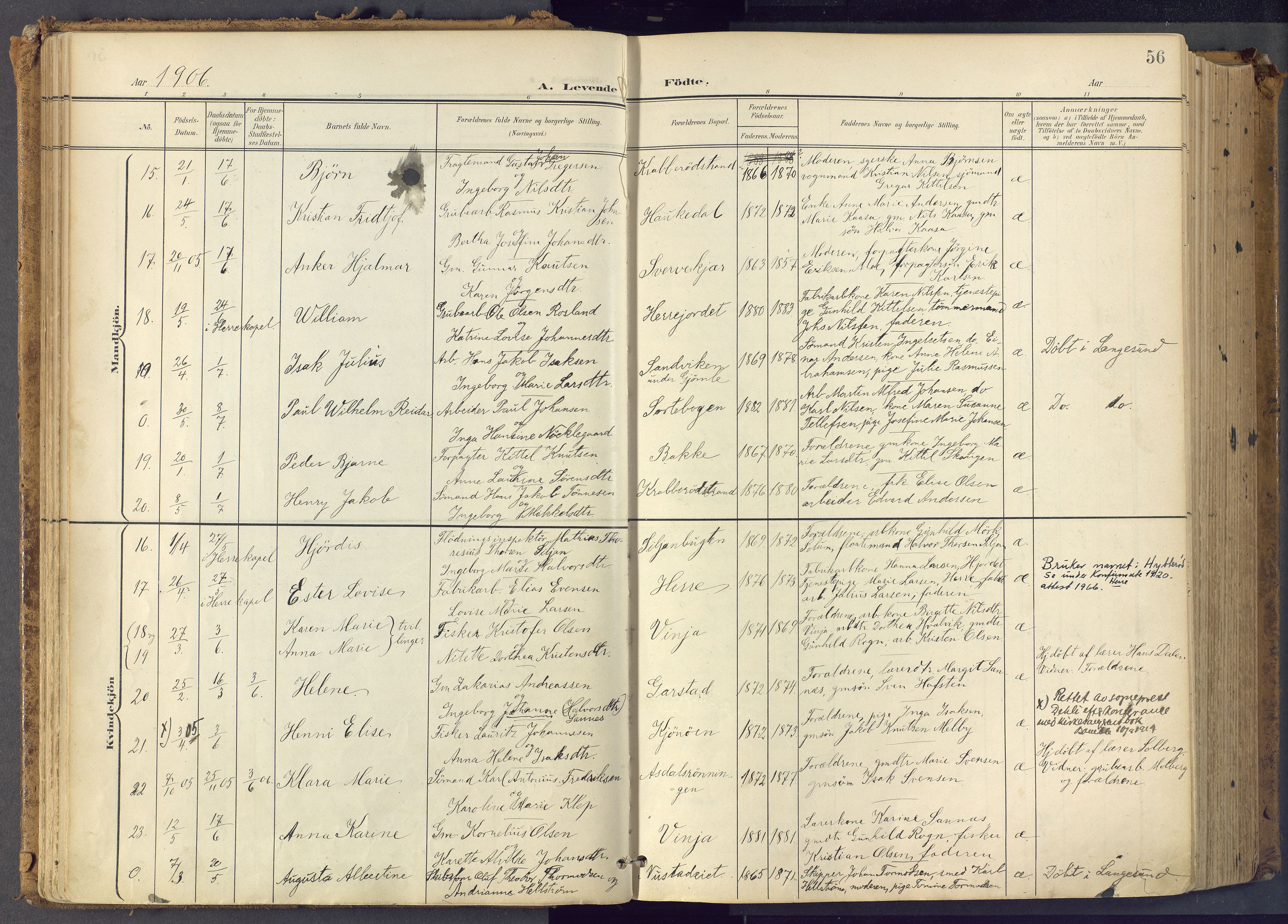 Bamble kirkebøker, AV/SAKO-A-253/F/Fa/L0009: Parish register (official) no. I 9, 1901-1917, p. 56