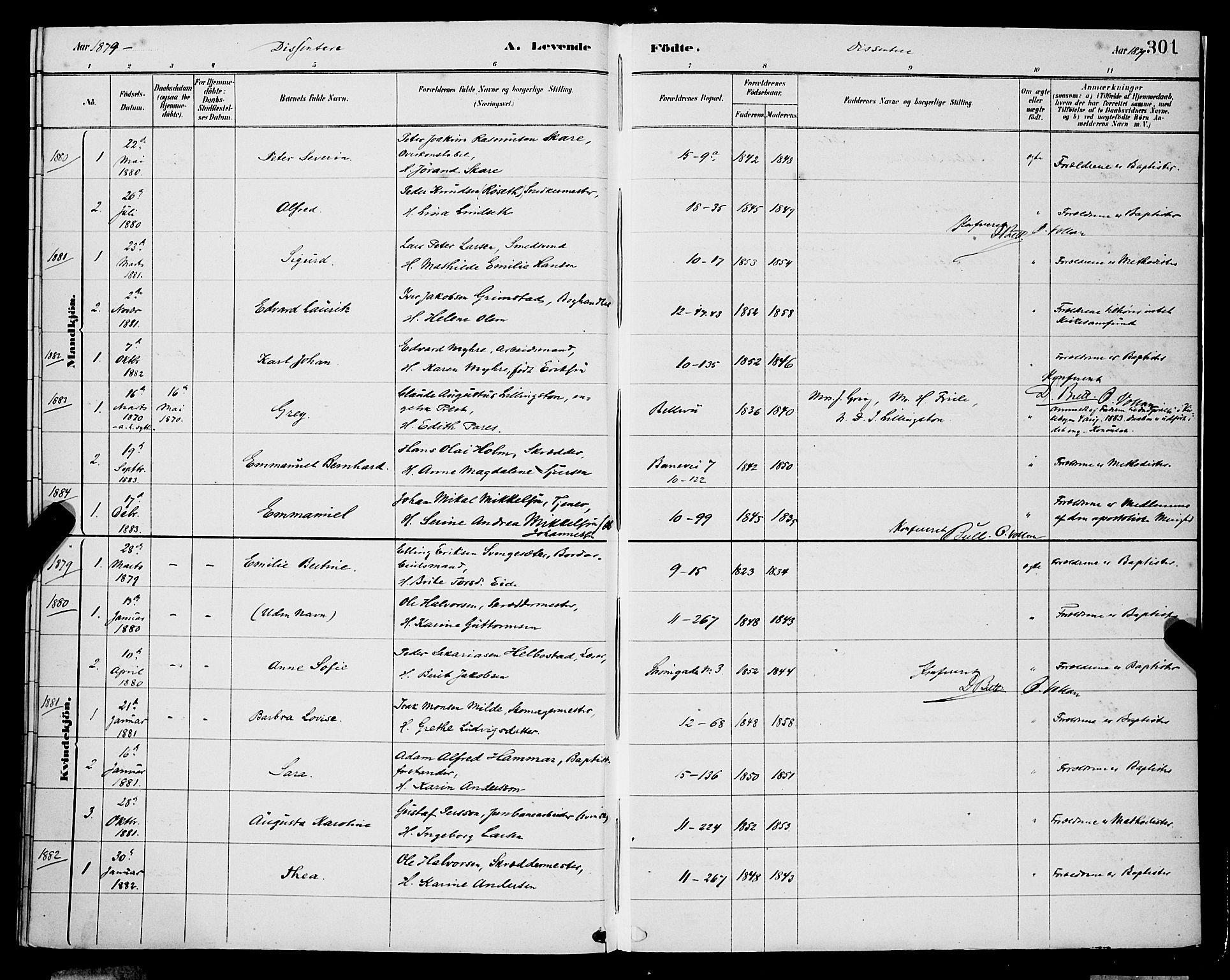 Domkirken sokneprestembete, SAB/A-74801/H/Hab/L0015: Parish register (copy) no. B 8, 1879-1887, p. 301