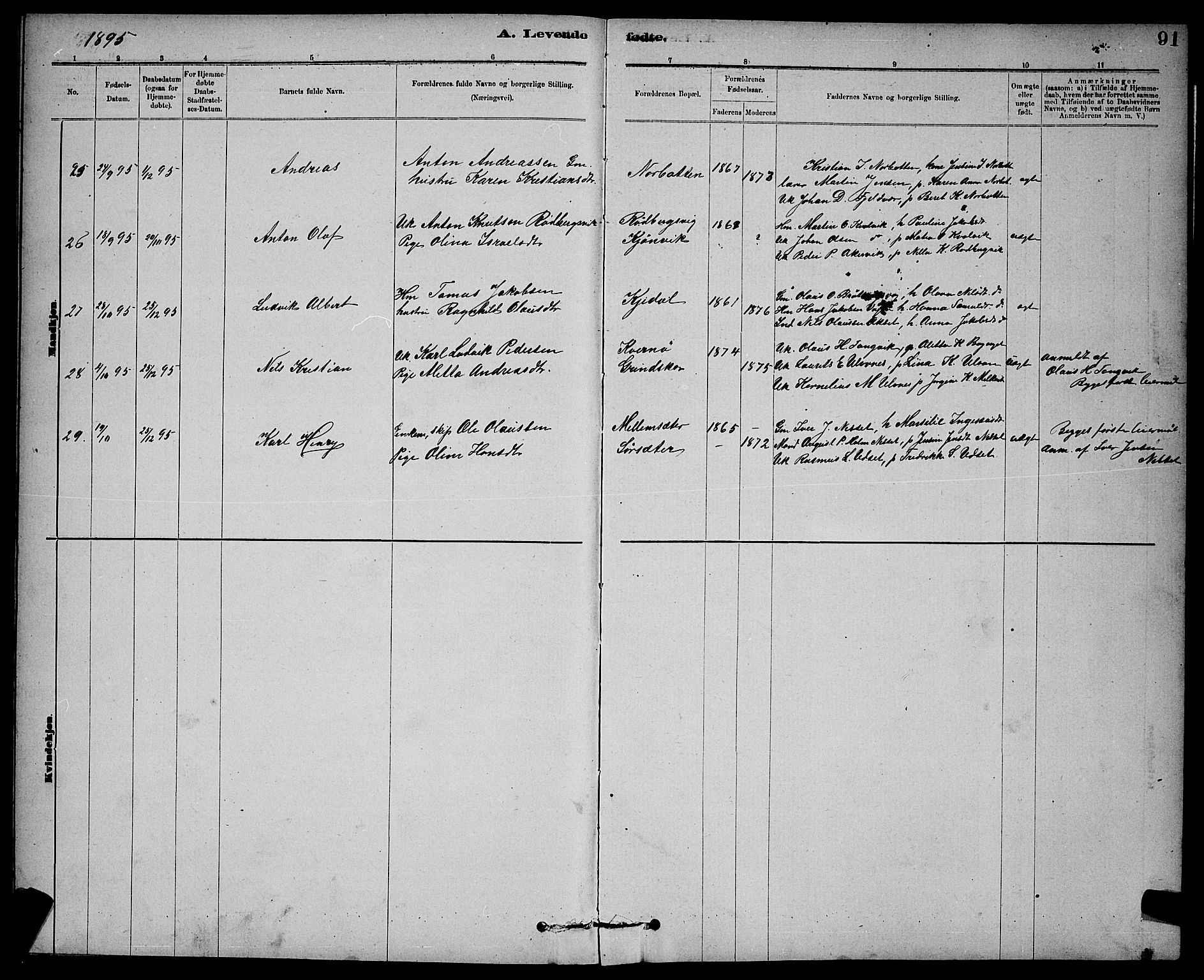Ministerialprotokoller, klokkerbøker og fødselsregistre - Sør-Trøndelag, SAT/A-1456/637/L0562: Parish register (copy) no. 637C03, 1883-1898, p. 91