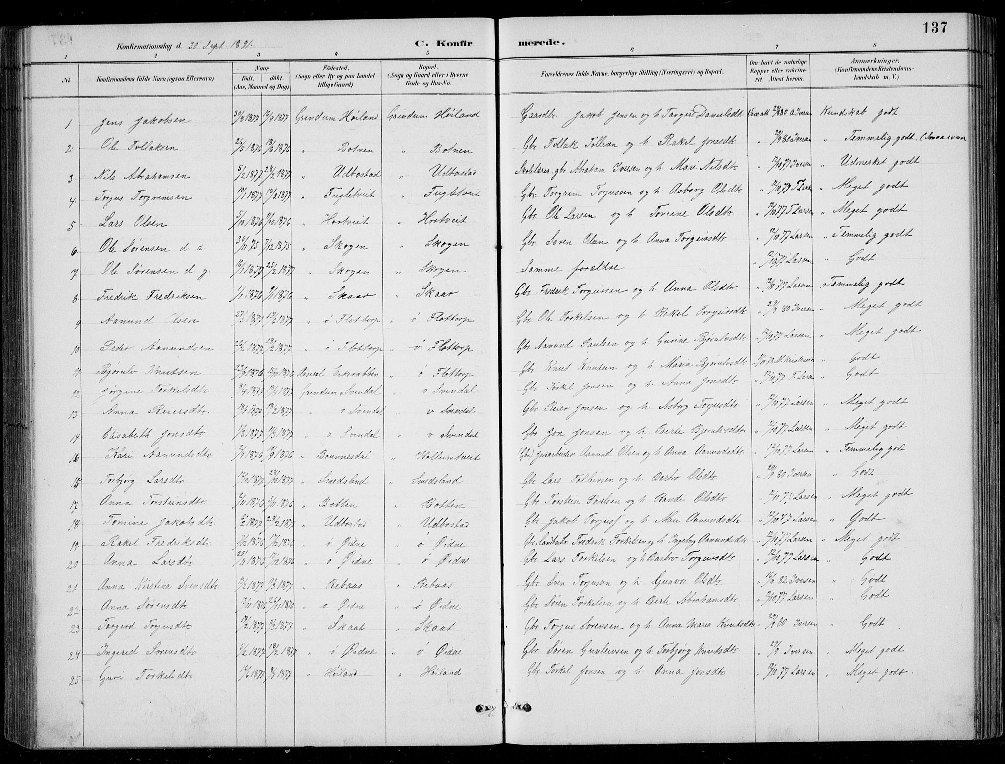 Bjelland sokneprestkontor, SAK/1111-0005/F/Fb/Fbc/L0003: Parish register (copy) no. B 3, 1887-1924, p. 137